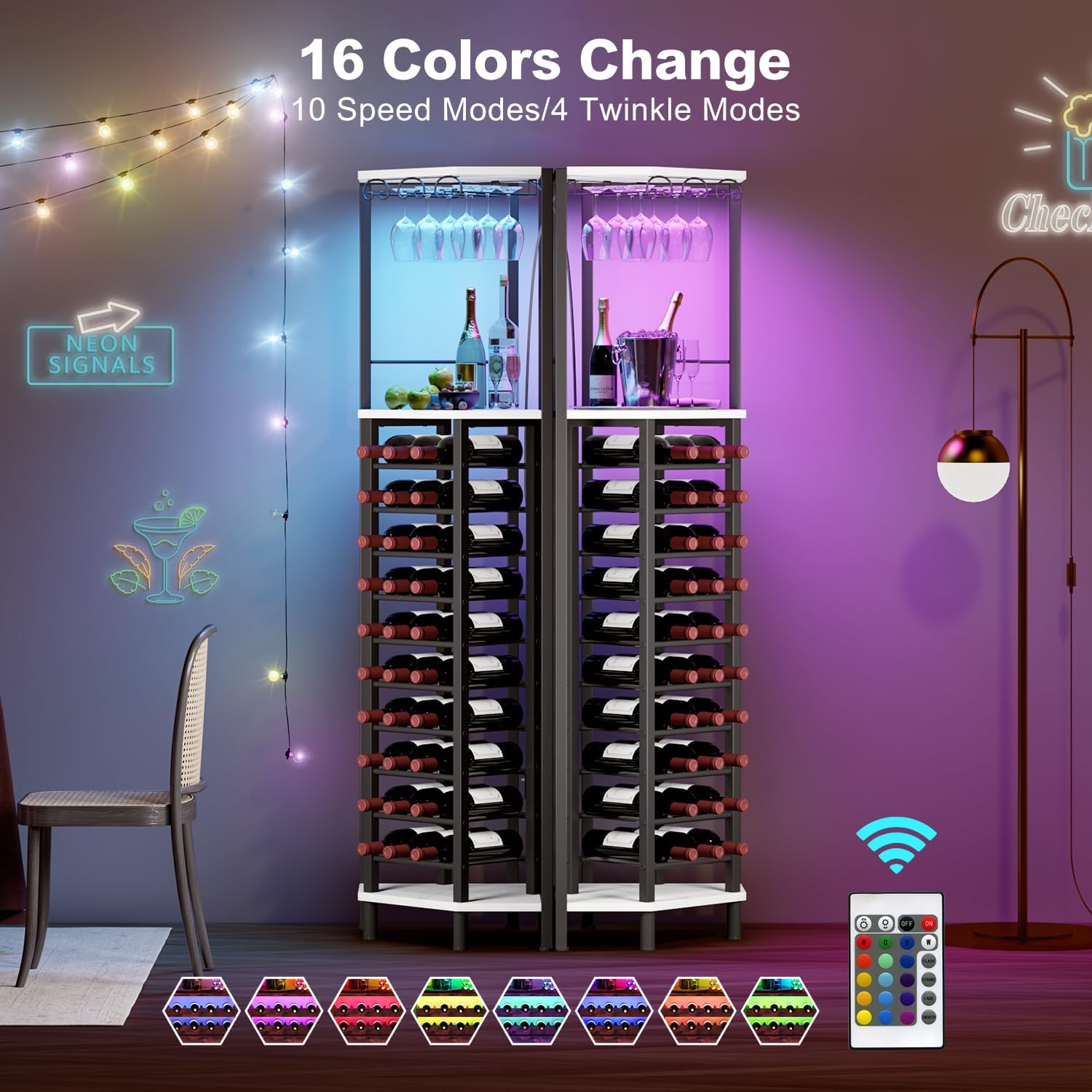 LED Glass Holder Freestanding Industrial Corner Wine Bar Cabinet