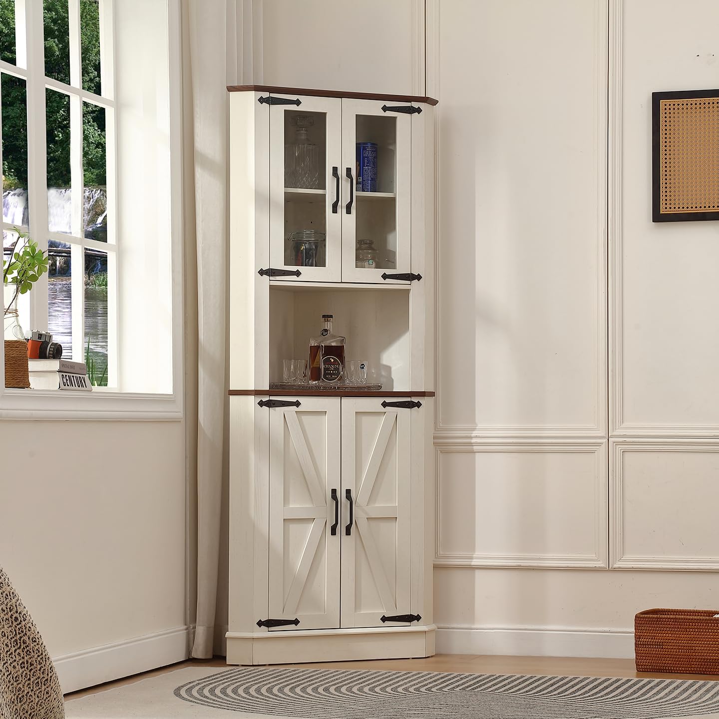 Off White Pentagon Tall Corner Liquor Storage Cabinet