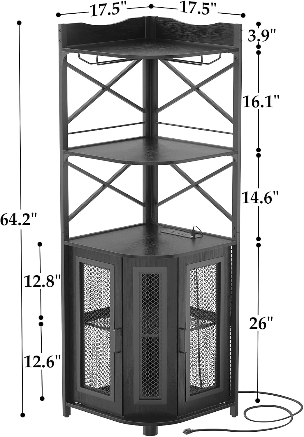 Black LED Power Outlet Industrial Corner Wine Bar Cabinet