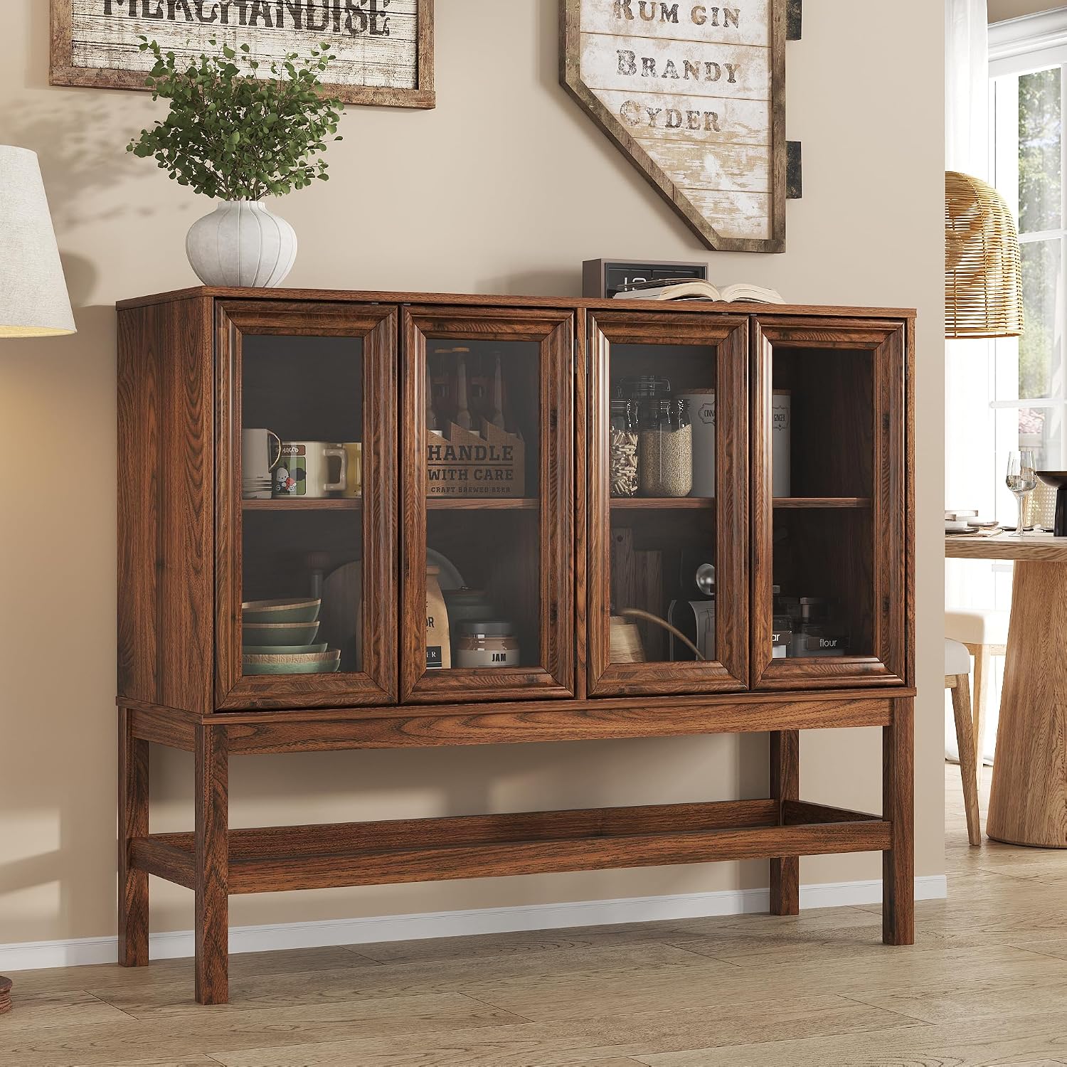 Mid Century Press Open Glass Door Coffee Bar Sideboard Cabinet