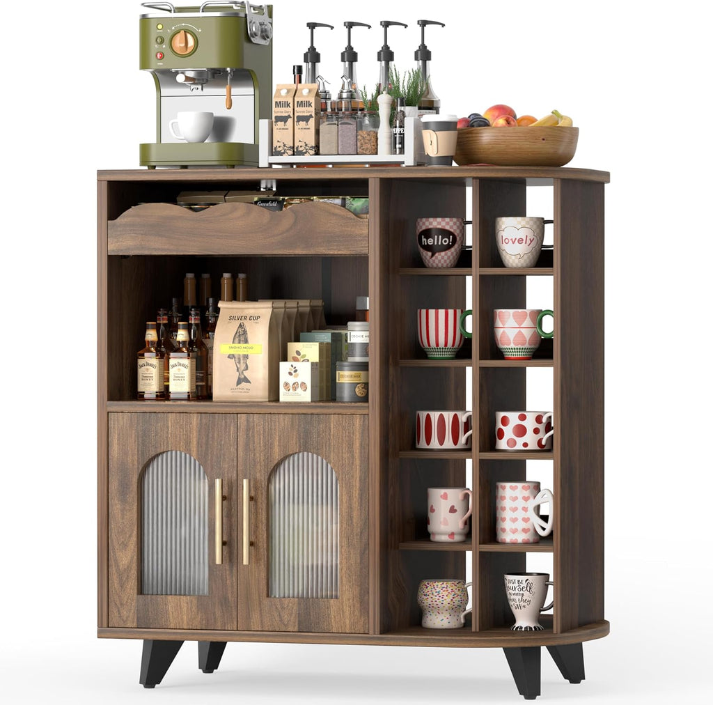 Walnut 24-Cup Storage Coffee Bar Sideboard Cabinet