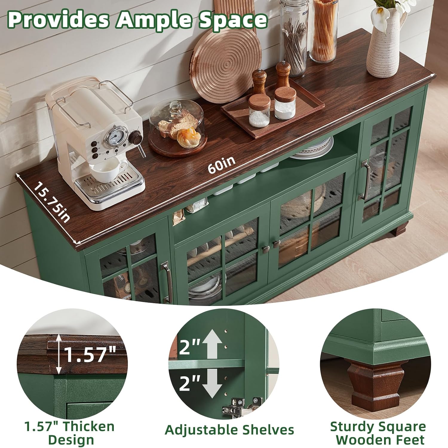 Vintage Green Glass Door Sideboard Buffet Cabinet