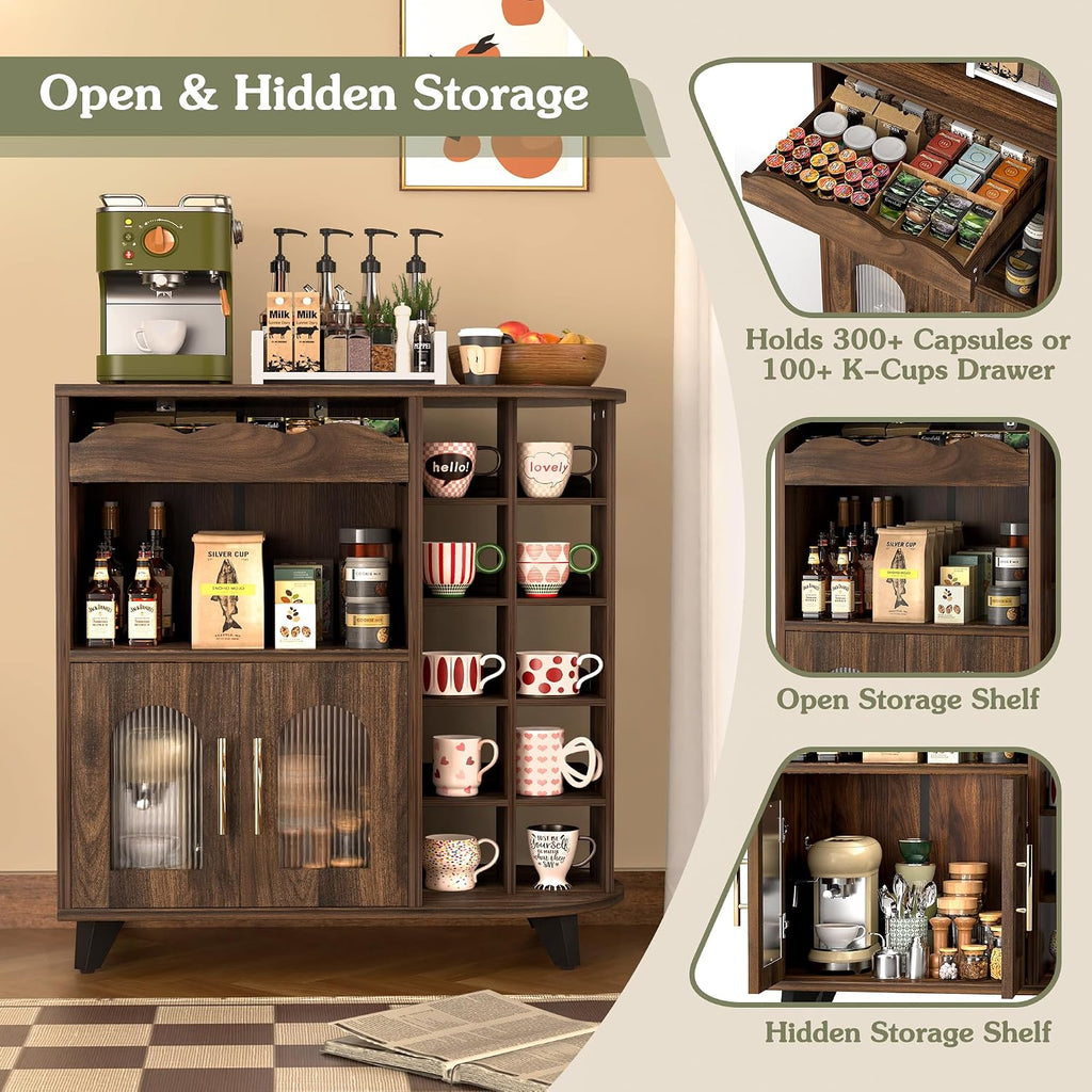 Walnut 24-Cup Storage Coffee Bar Sideboard Cabinet