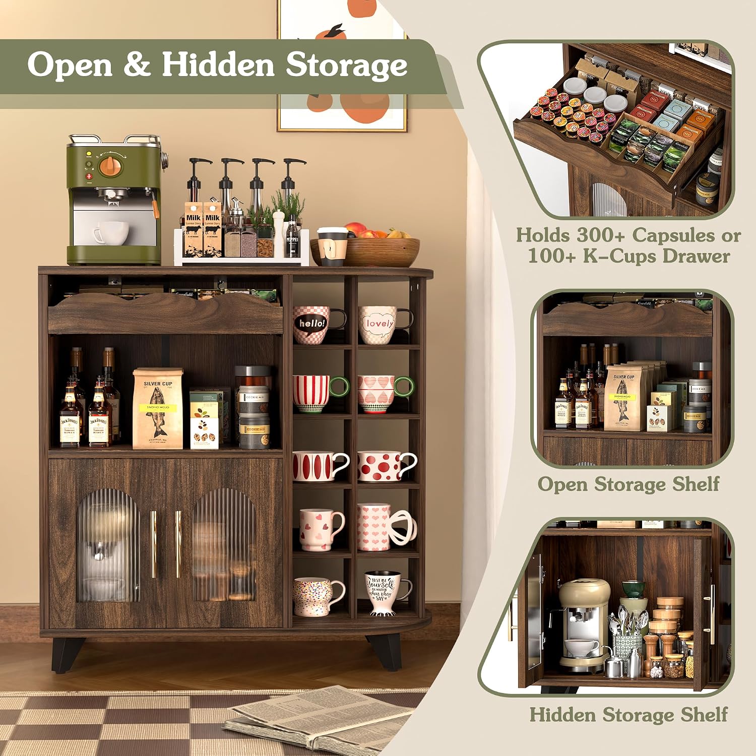 Walnut 24-Cup Storage Coffee Bar Sideboard Cabinet