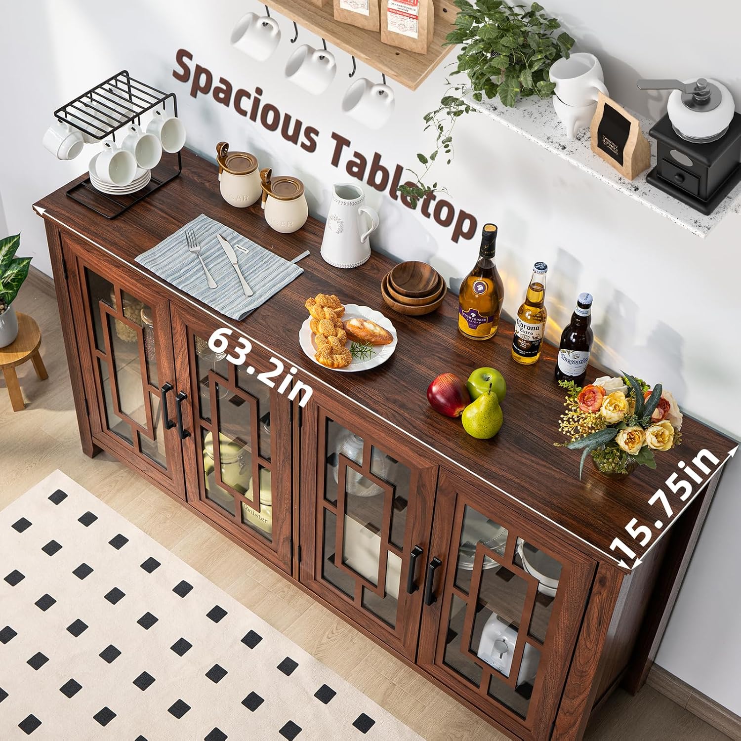 Brown 4 Glass Door Farmhouse Coffee Bar Sideboard Cabinet