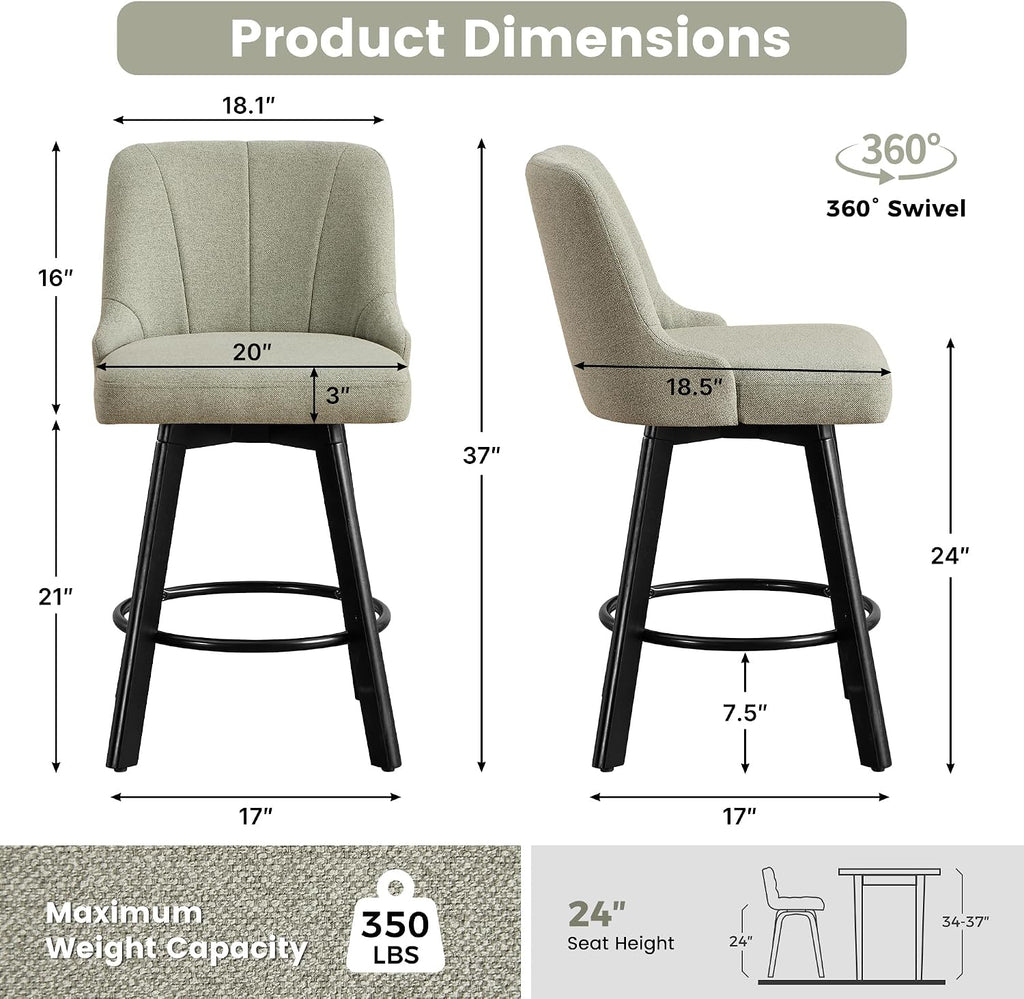 Green Fabric Swivel Counter Stools Set of 4