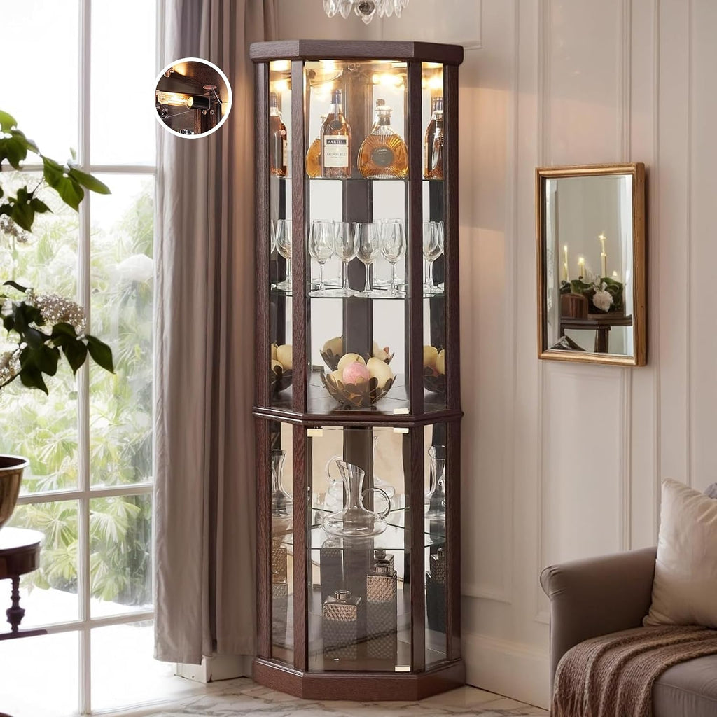 Dark Cherry LED Tempered Glass Tall Corner Wine Curio Cabinet