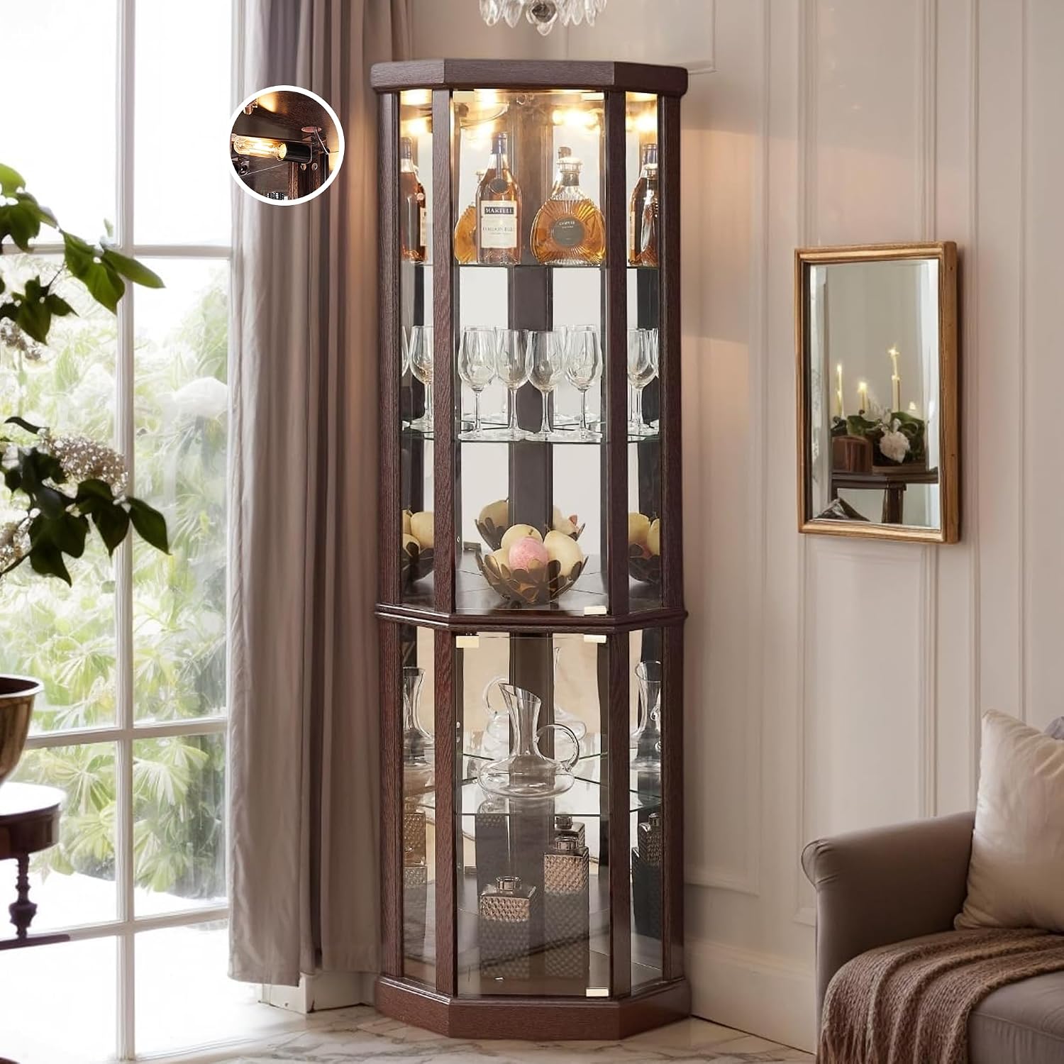 Dark Cherry LED Tempered Glass Tall Corner Wine Curio Cabinet