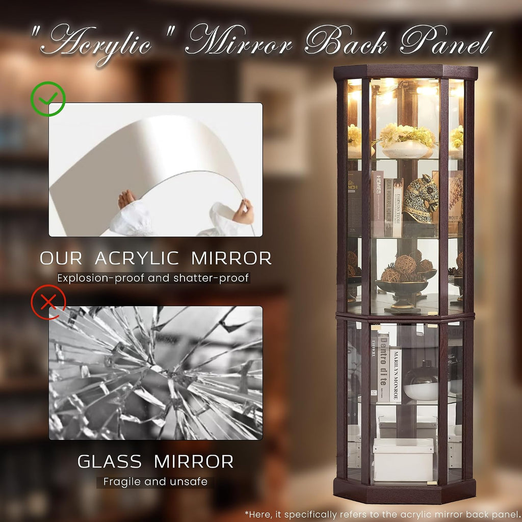 Dark Cherry LED Tempered Glass Tall Corner Wine Curio Cabinet