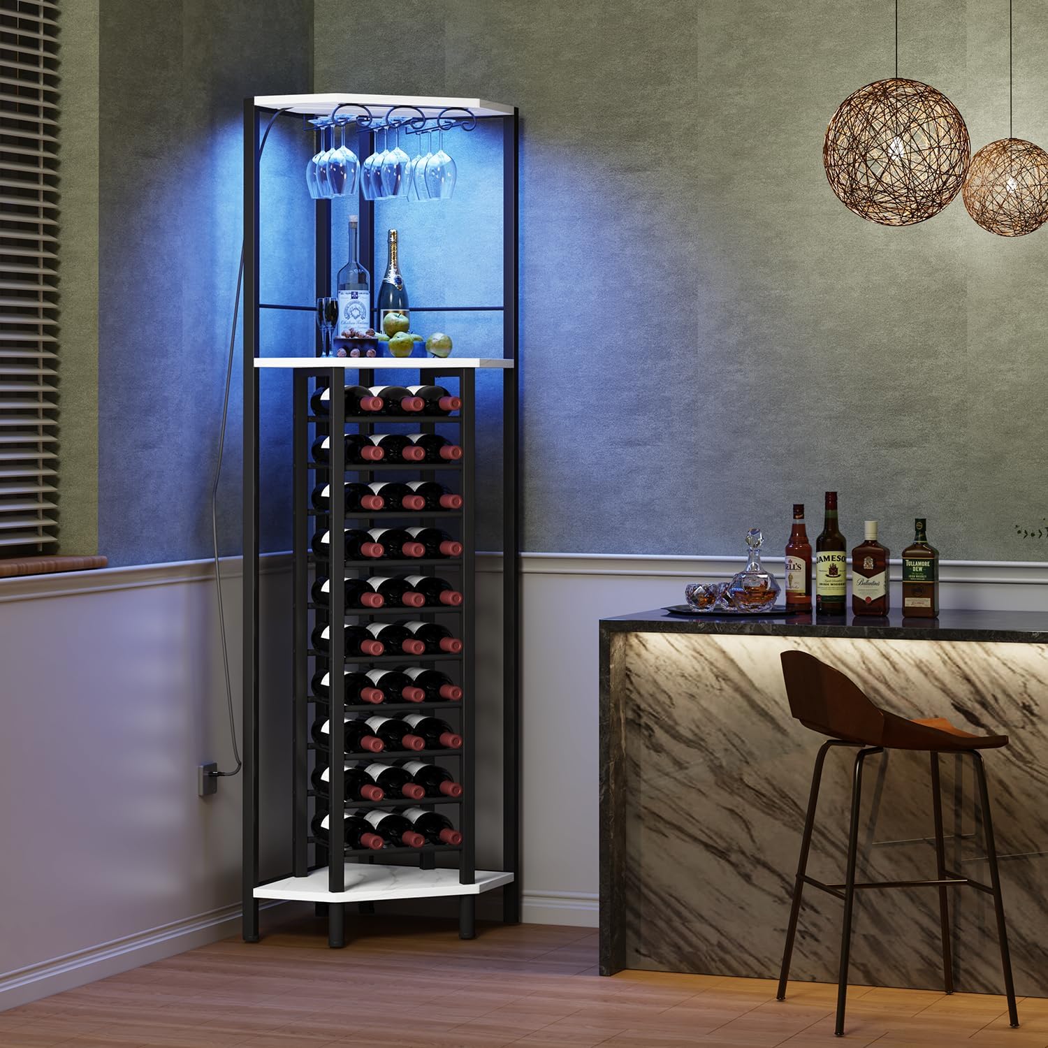 LED Glass Holder Freestanding Industrial Corner Wine Bar Cabinet