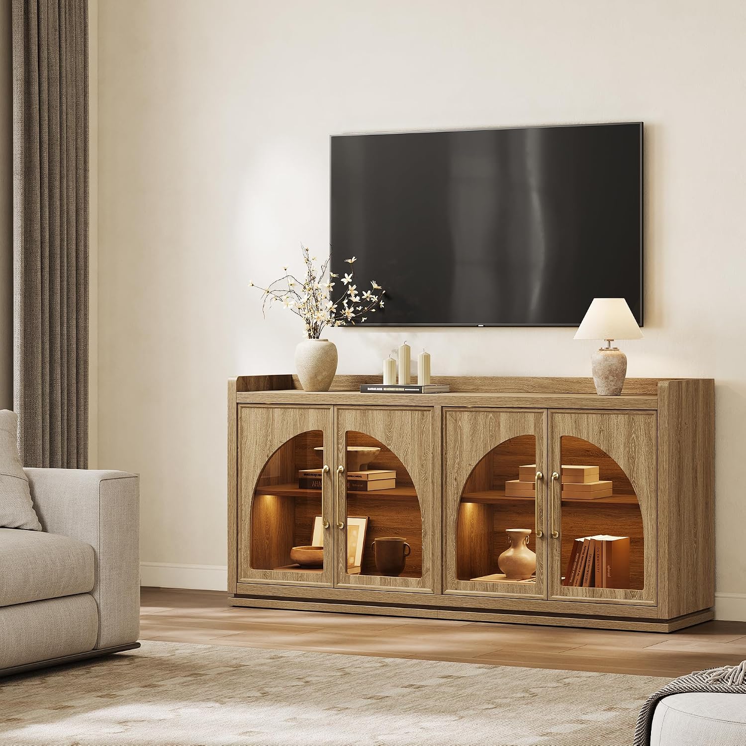 Brown Oak LED Arch Glass Door Sideboard Credenza