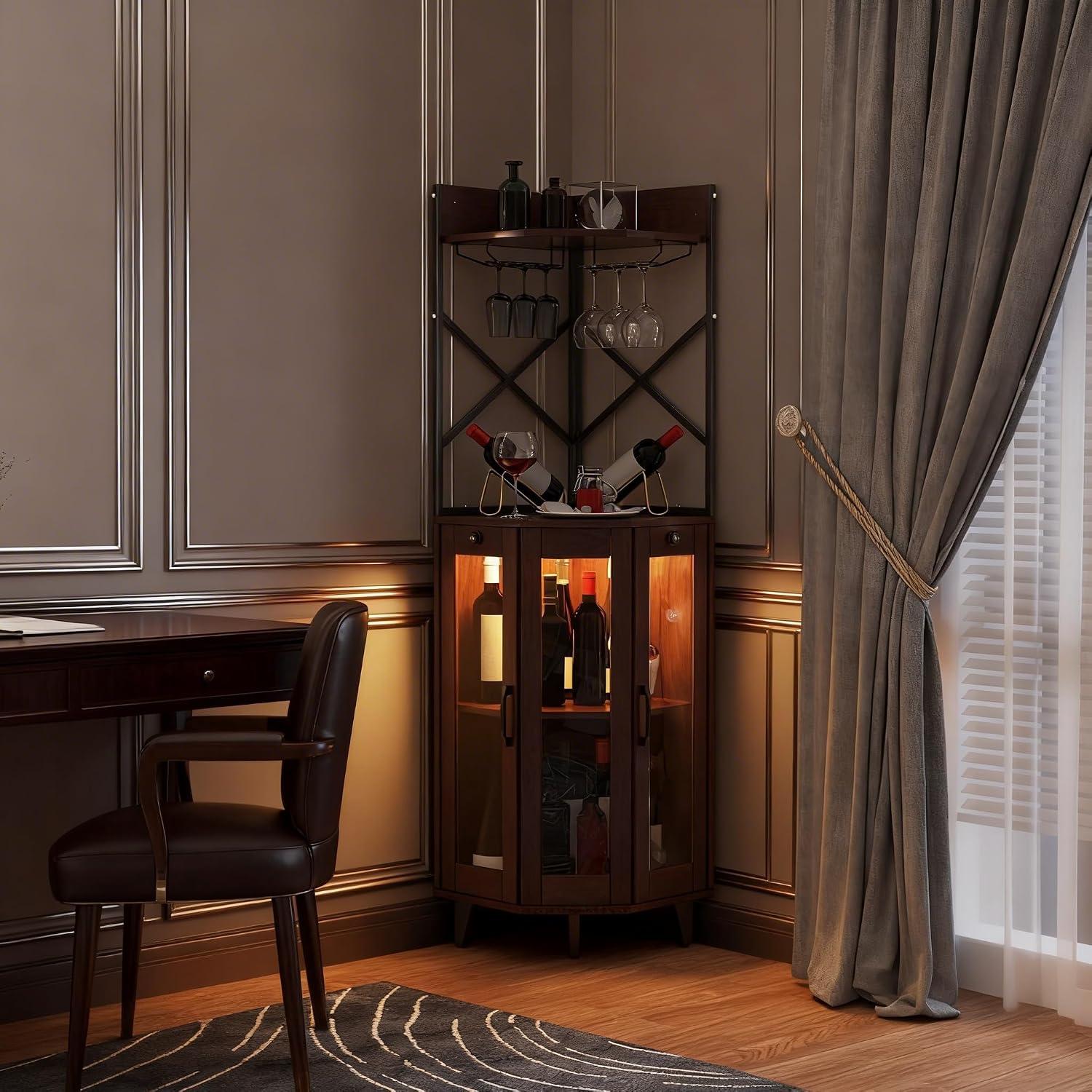 Walnut Lockable LED Glass Door Corner Wine Bar Cabinet