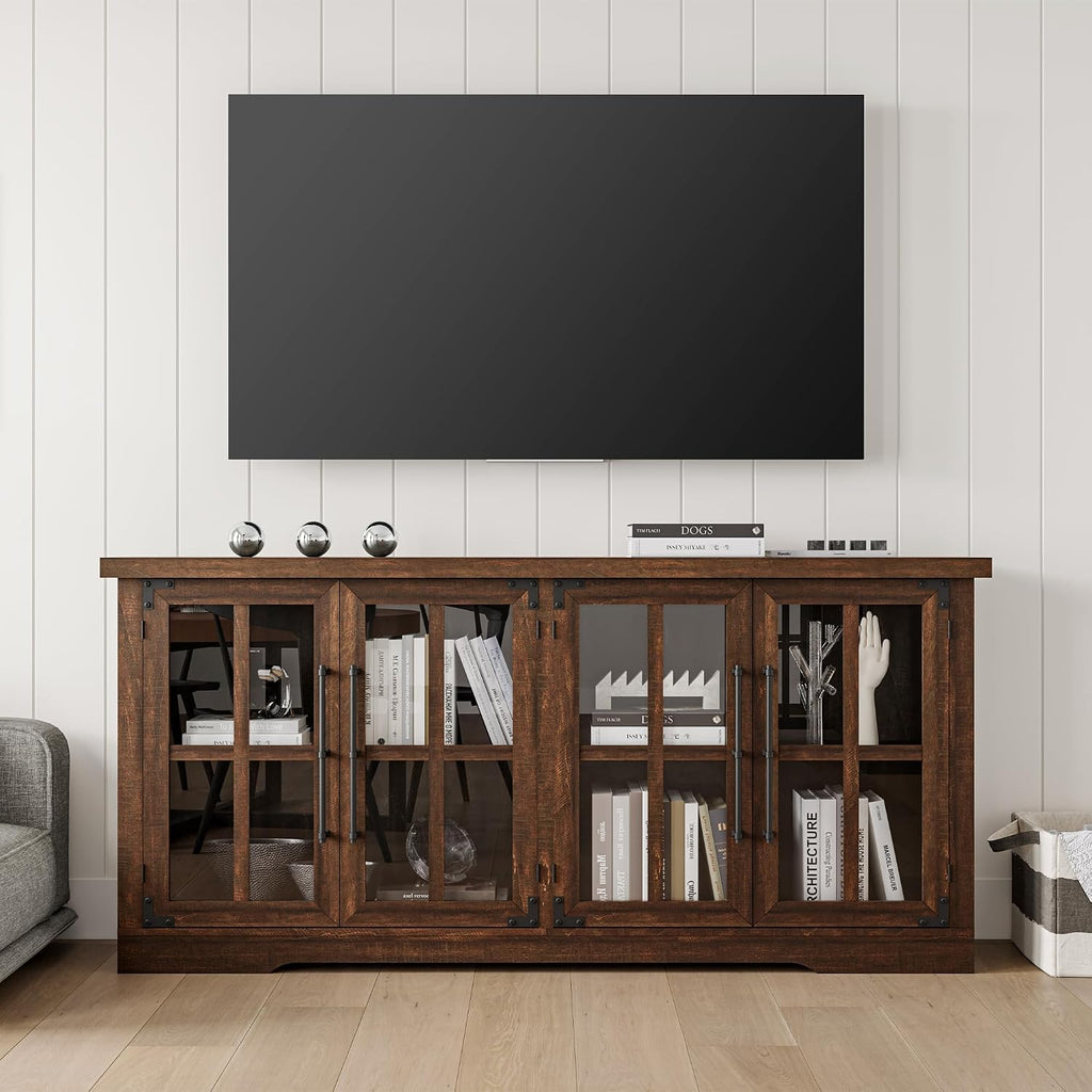 Brown Farmhouse Glass Door Buffet Sideboard Cabinet