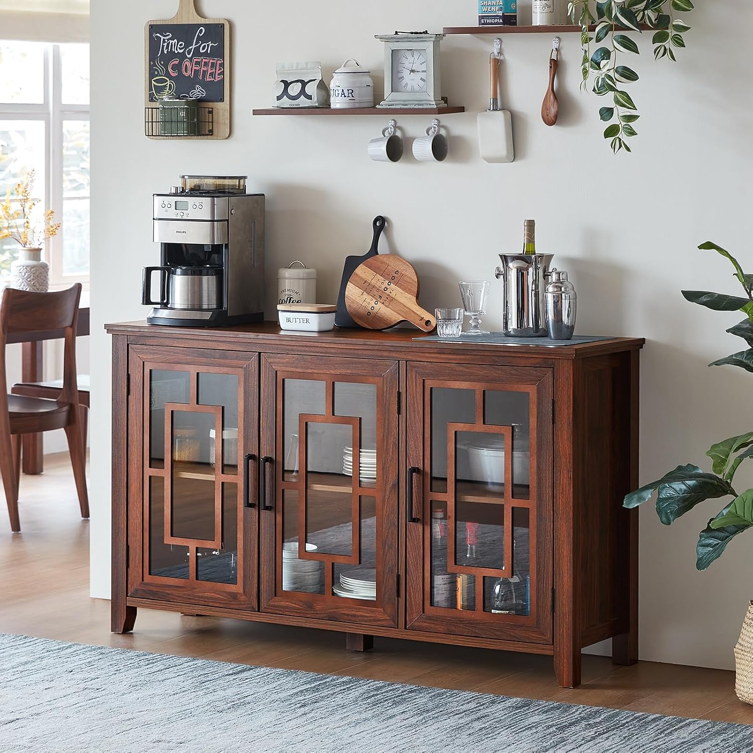Brown Farmhouse Glass Door Coffee Bar Sideboard Cabinet
