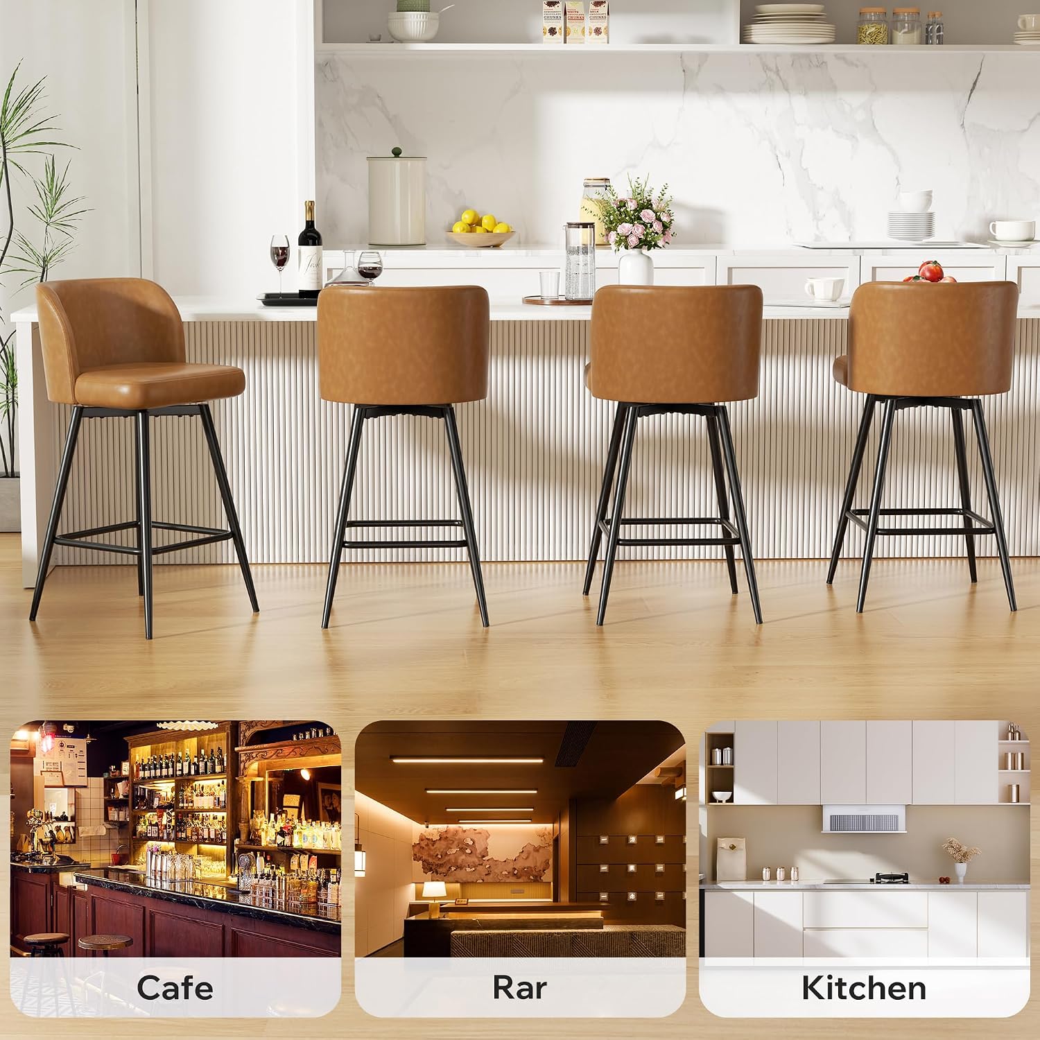 Caramel Faux Leather Swivel Bar Stools