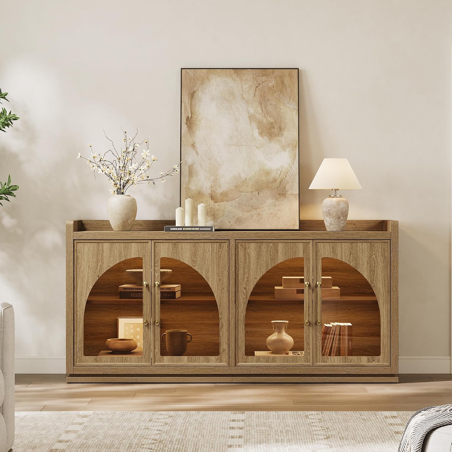 Brown Oak LED Arch Glass Door Sideboard Credenza