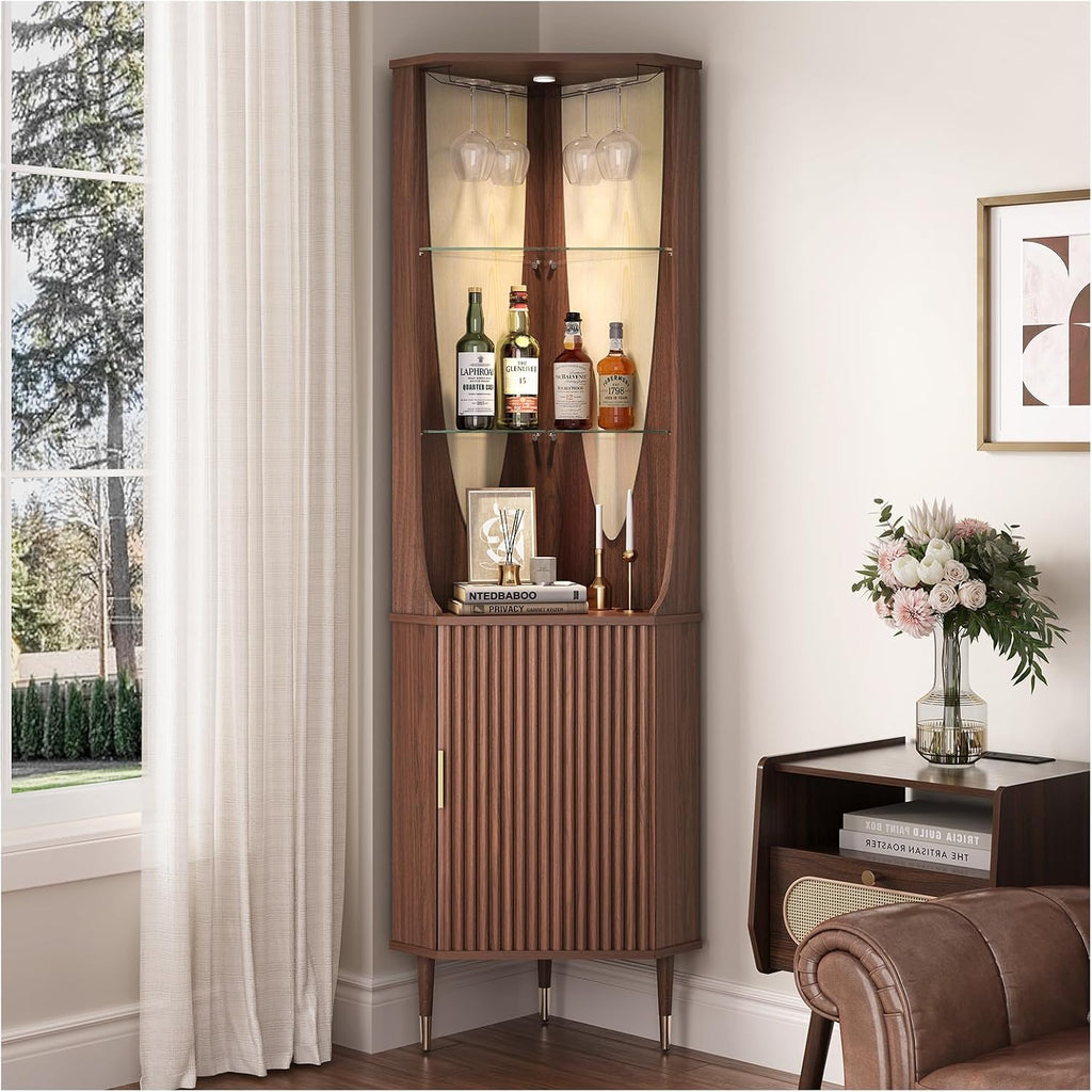 Walnut Fluted LED Tall Corner Liquor Wine Cabinet