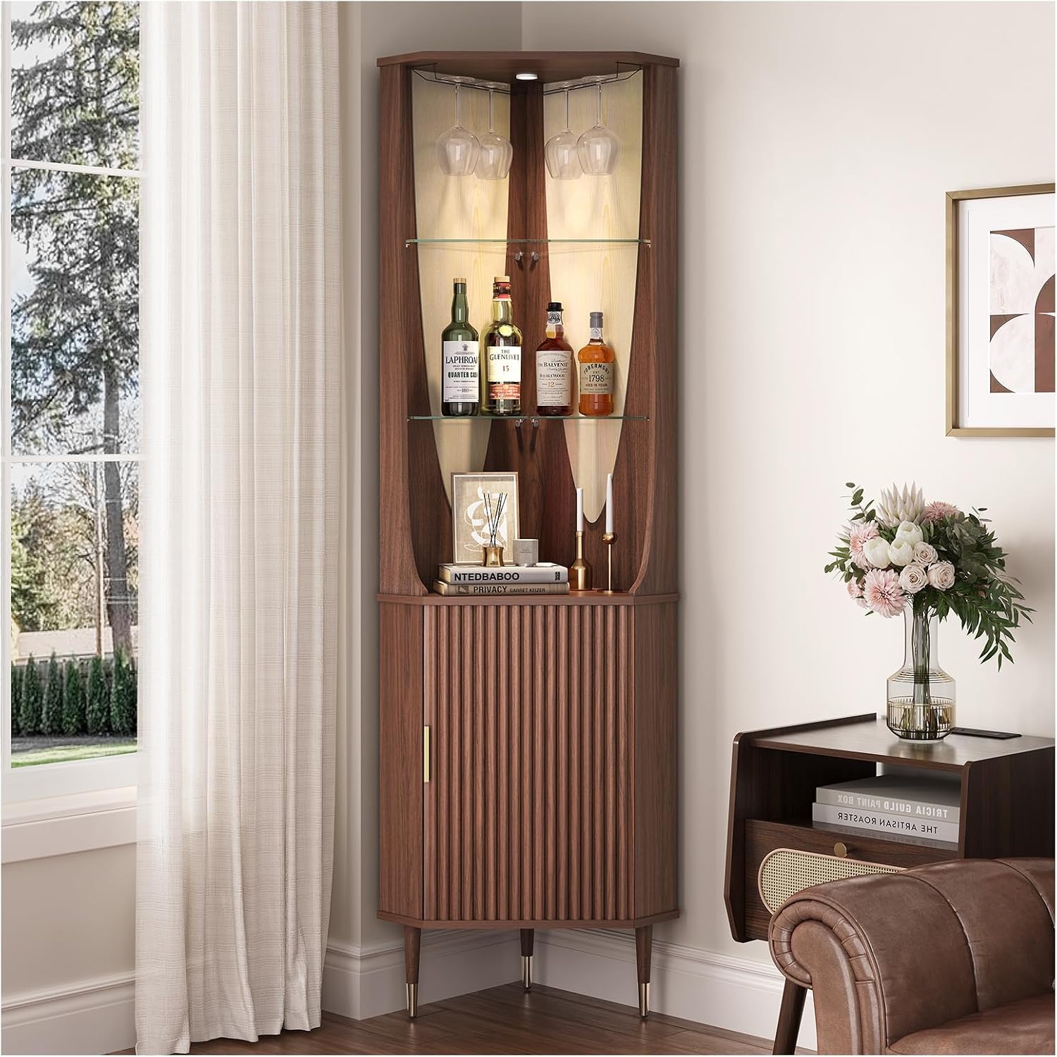 Walnut Fluted LED Tall Corner Liquor Wine Cabinet