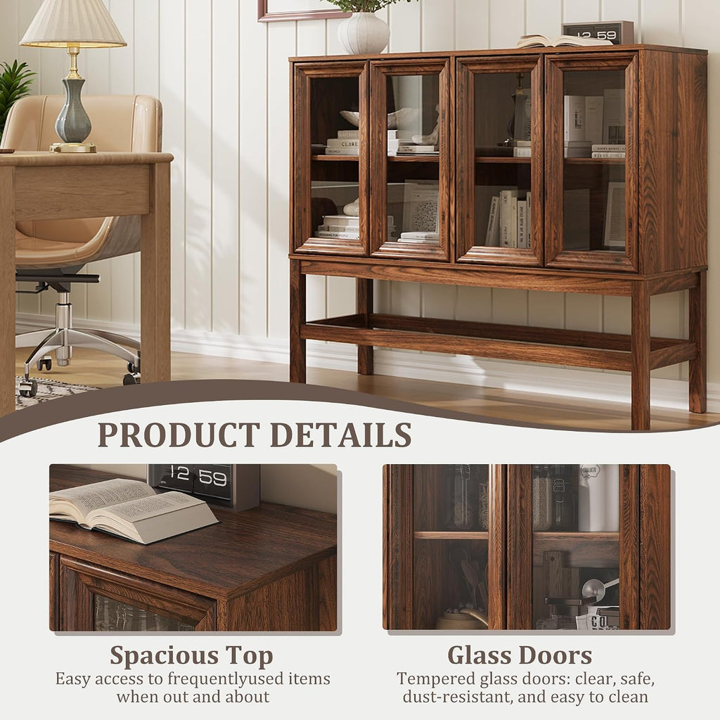 Mid Century Press Open Glass Door Coffee Bar Sideboard Cabinet