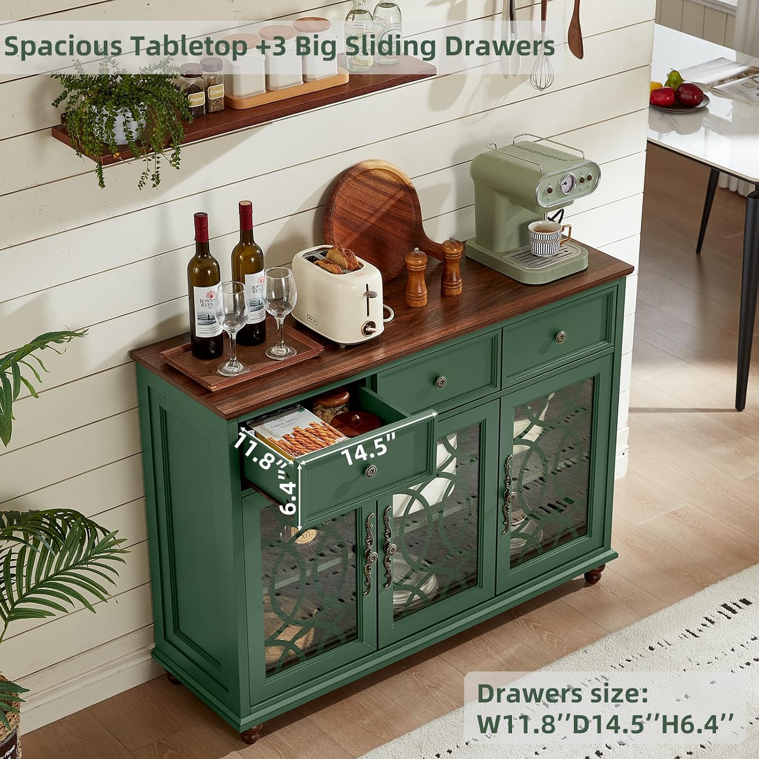 Green Farmhouse Glass Door Drawer Storage Sideboard Credenza