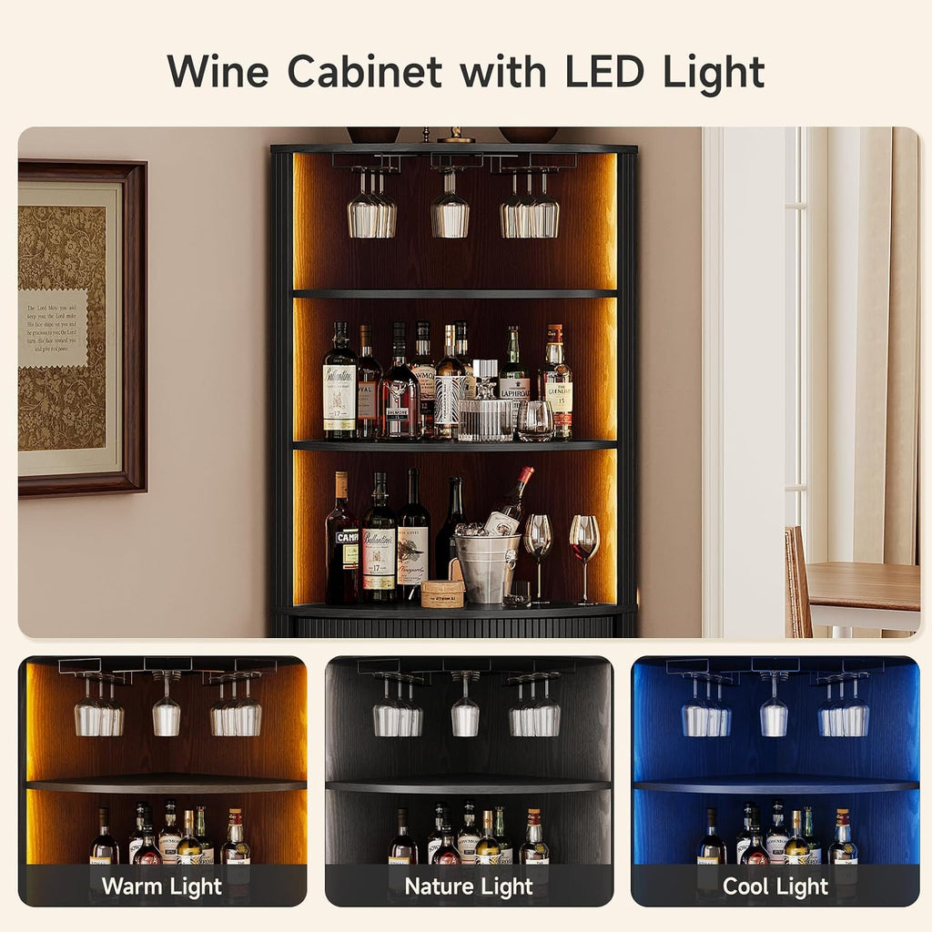 Black LED Fluted Tall Corner Wine Bar Cabinet