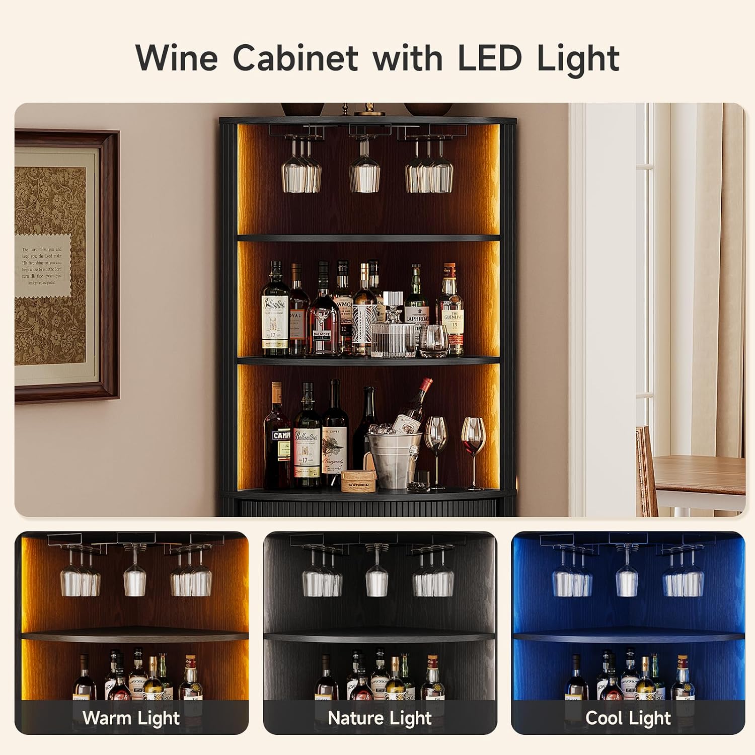 Black LED Fluted Tall Corner Wine Bar Cabinet
