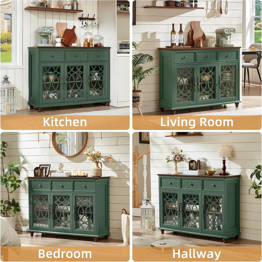 Green Farmhouse Glass Door Drawer Storage Sideboard Credenza