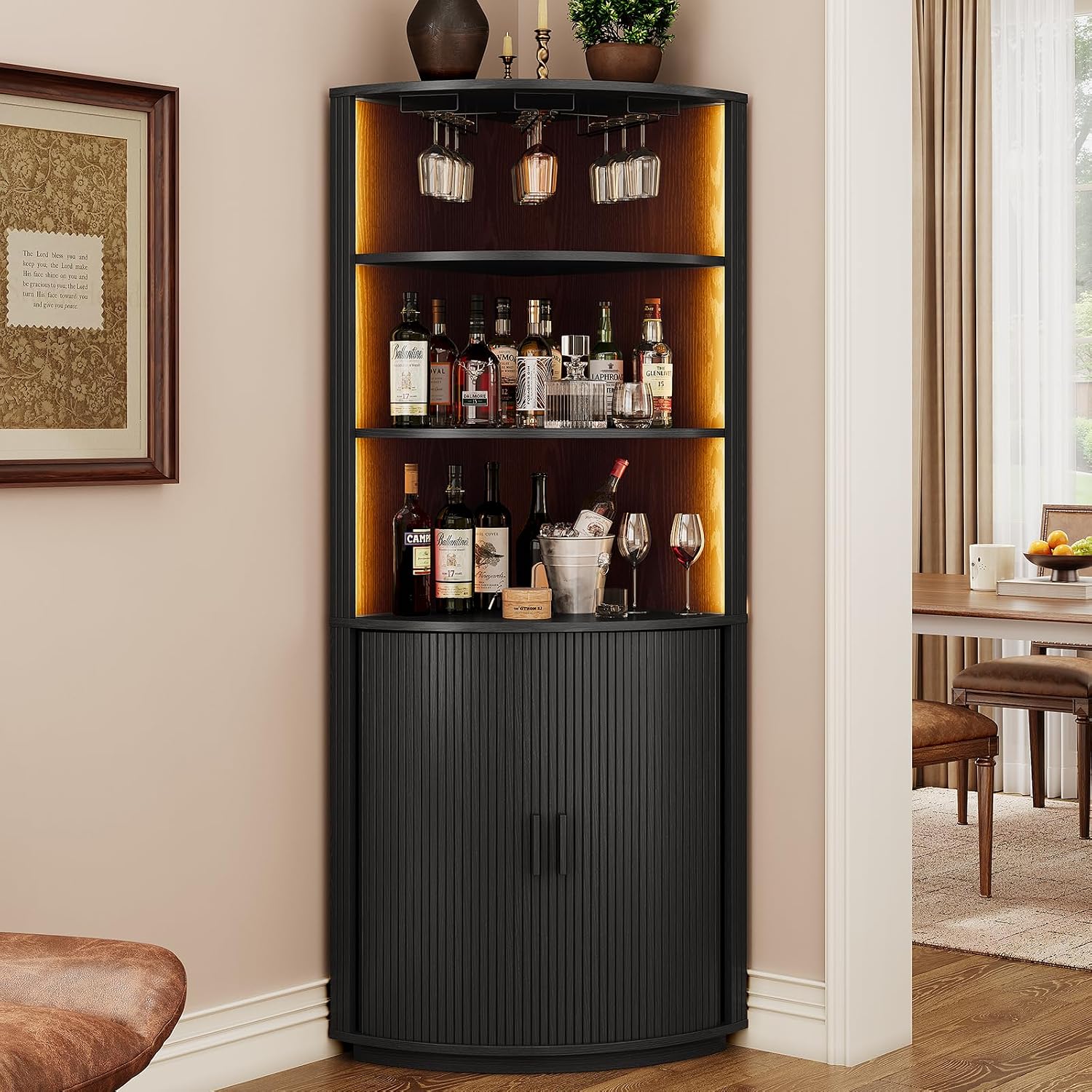 Black LED Fluted Tall Corner Wine Bar Cabinet