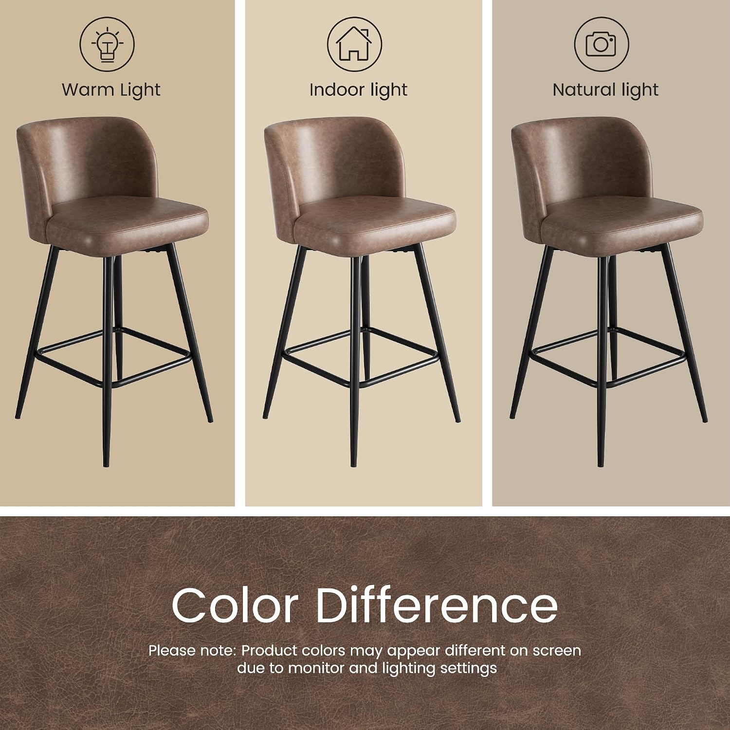 Brown Faux Leather Swivel Bar Stools Set of 2