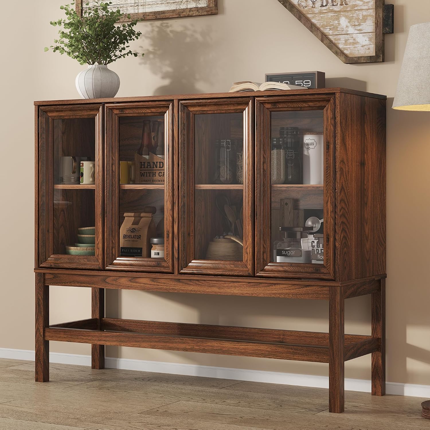 Mid Century Press Open Glass Door Coffee Bar Sideboard Cabinet