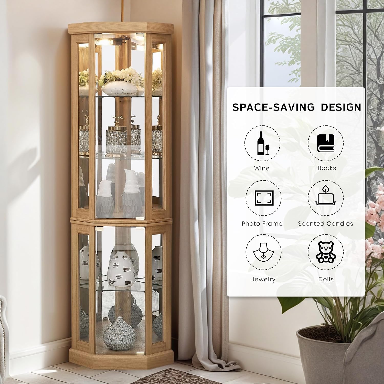 Light Oak LED Tempered Glass Tall Corner Wine Curio Cabinet