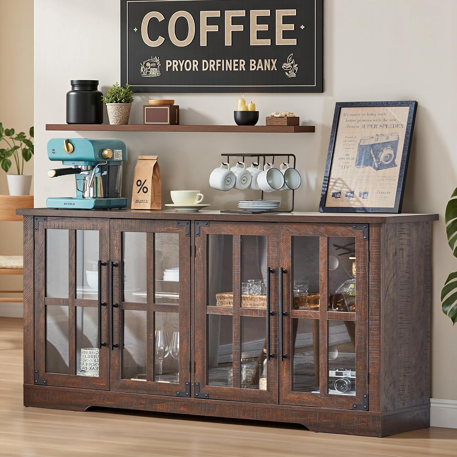 Brown Farmhouse Glass Door Buffet Sideboard Cabinet