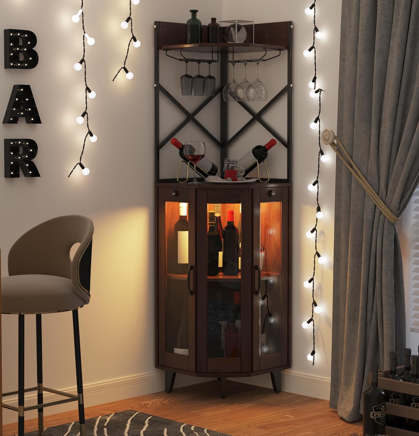 Walnut Lockable LED Glass Door Corner Wine Bar Cabinet