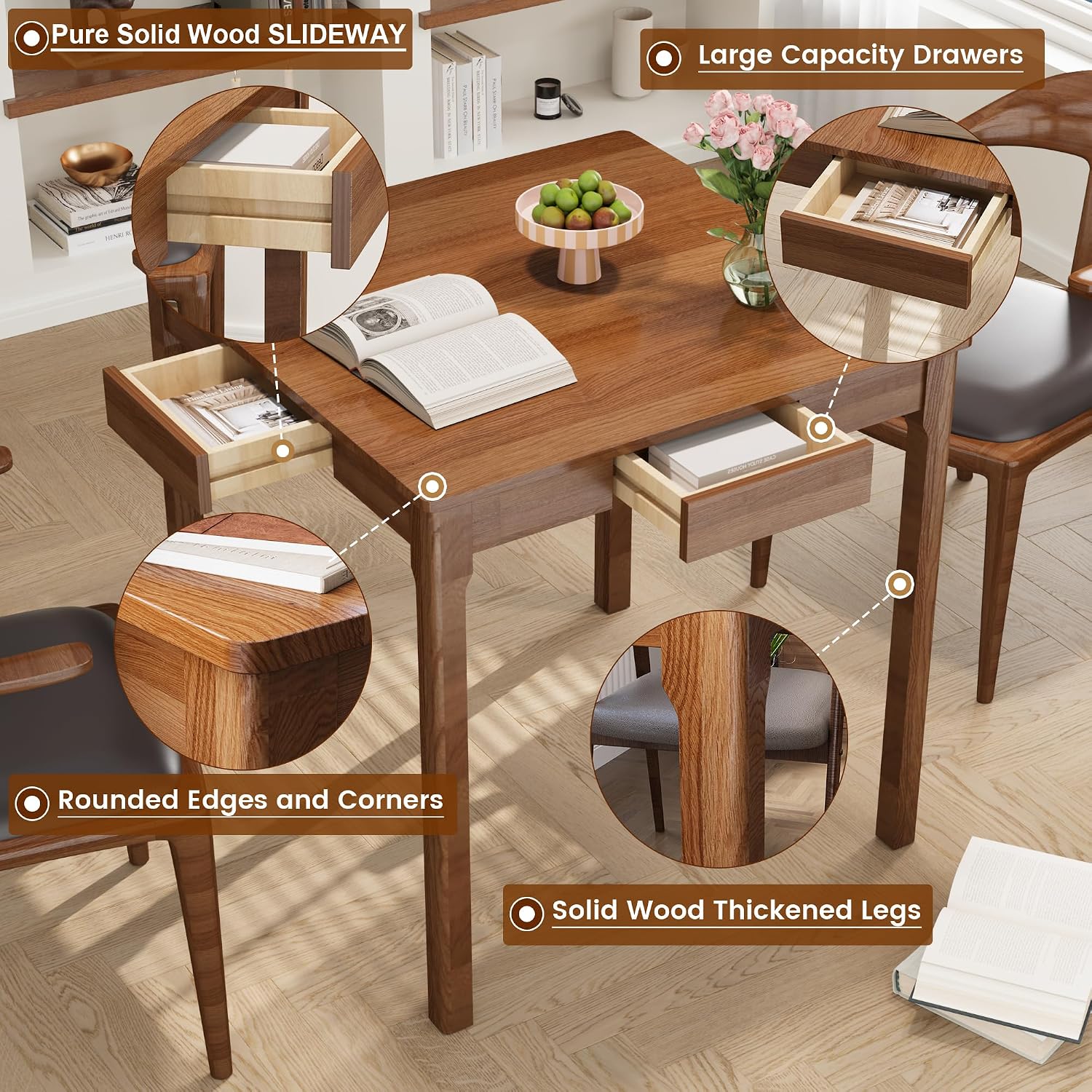 Walnut Square Wood Desk with Drawers