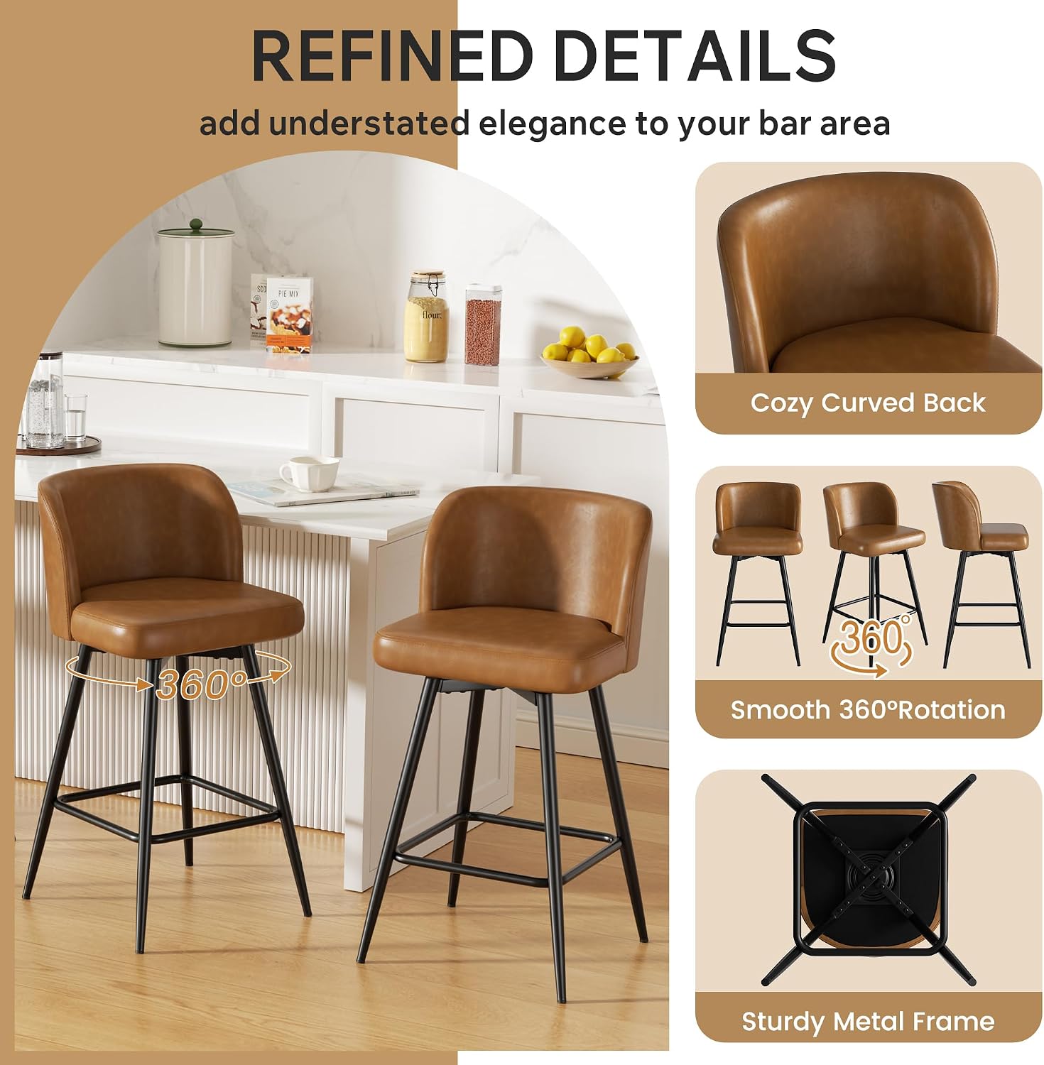 Caramel Faux Leather Swivel Bar Stools