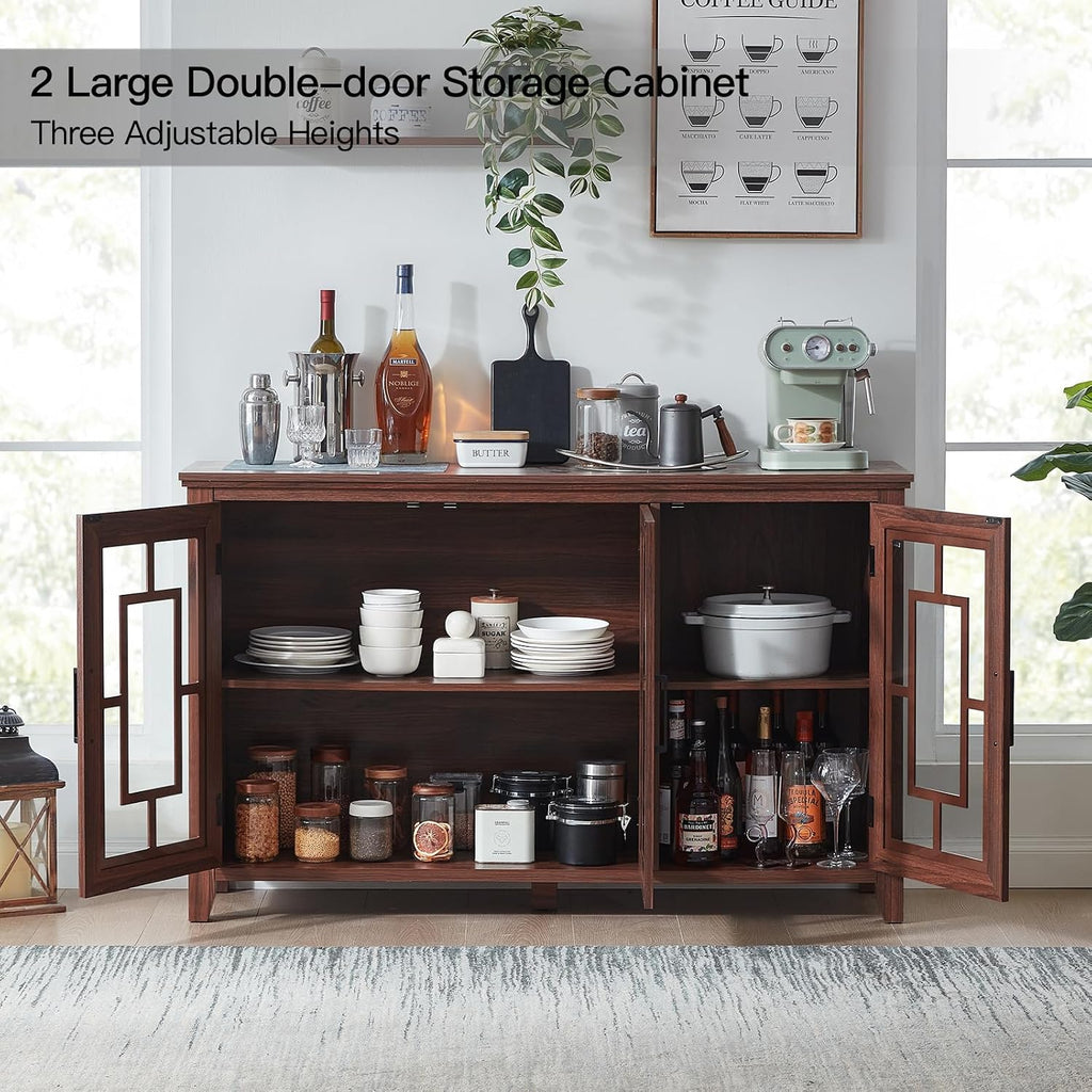 Brown Farmhouse Glass Door Coffee Bar Sideboard Cabinet