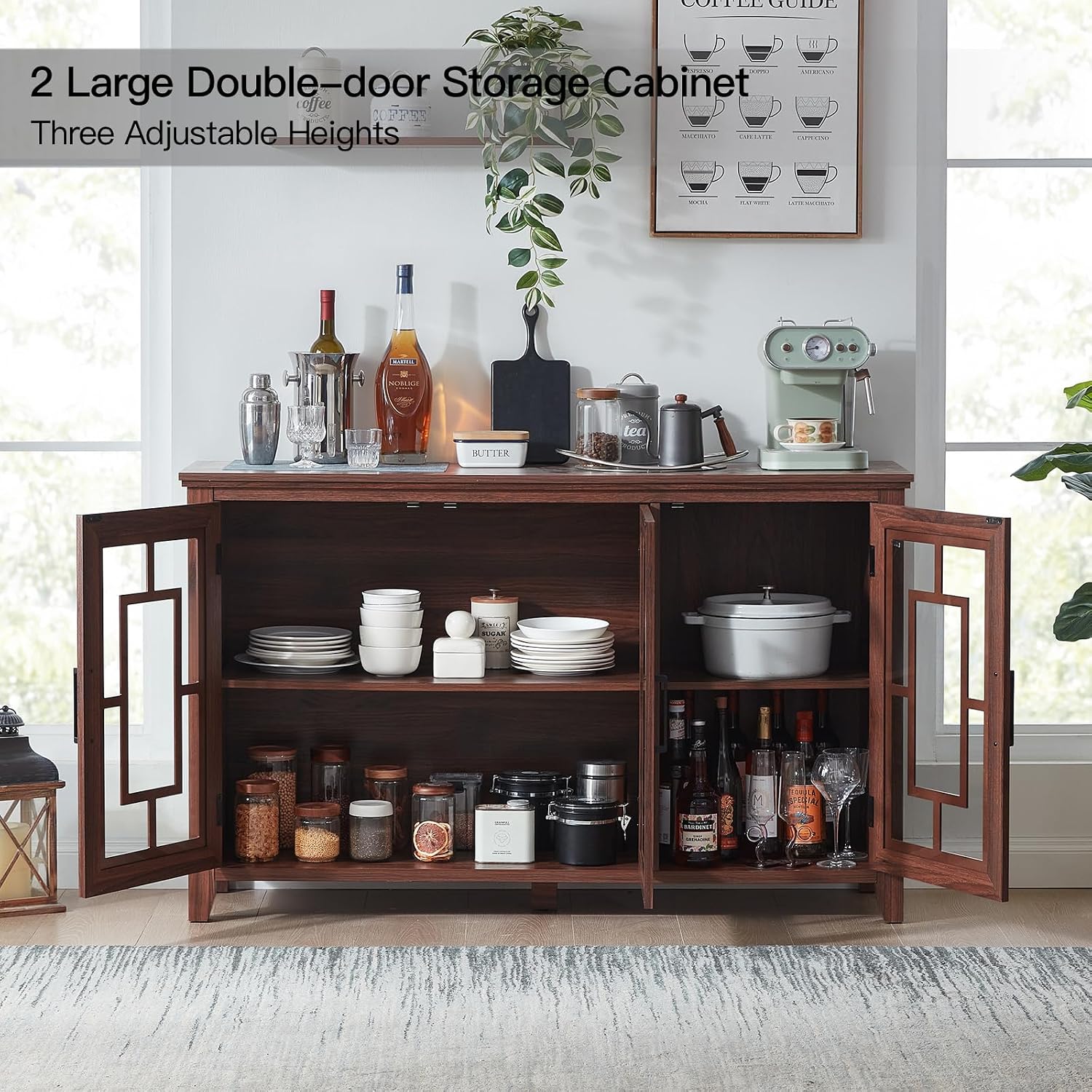 Brown Farmhouse Glass Door Coffee Bar Sideboard Cabinet