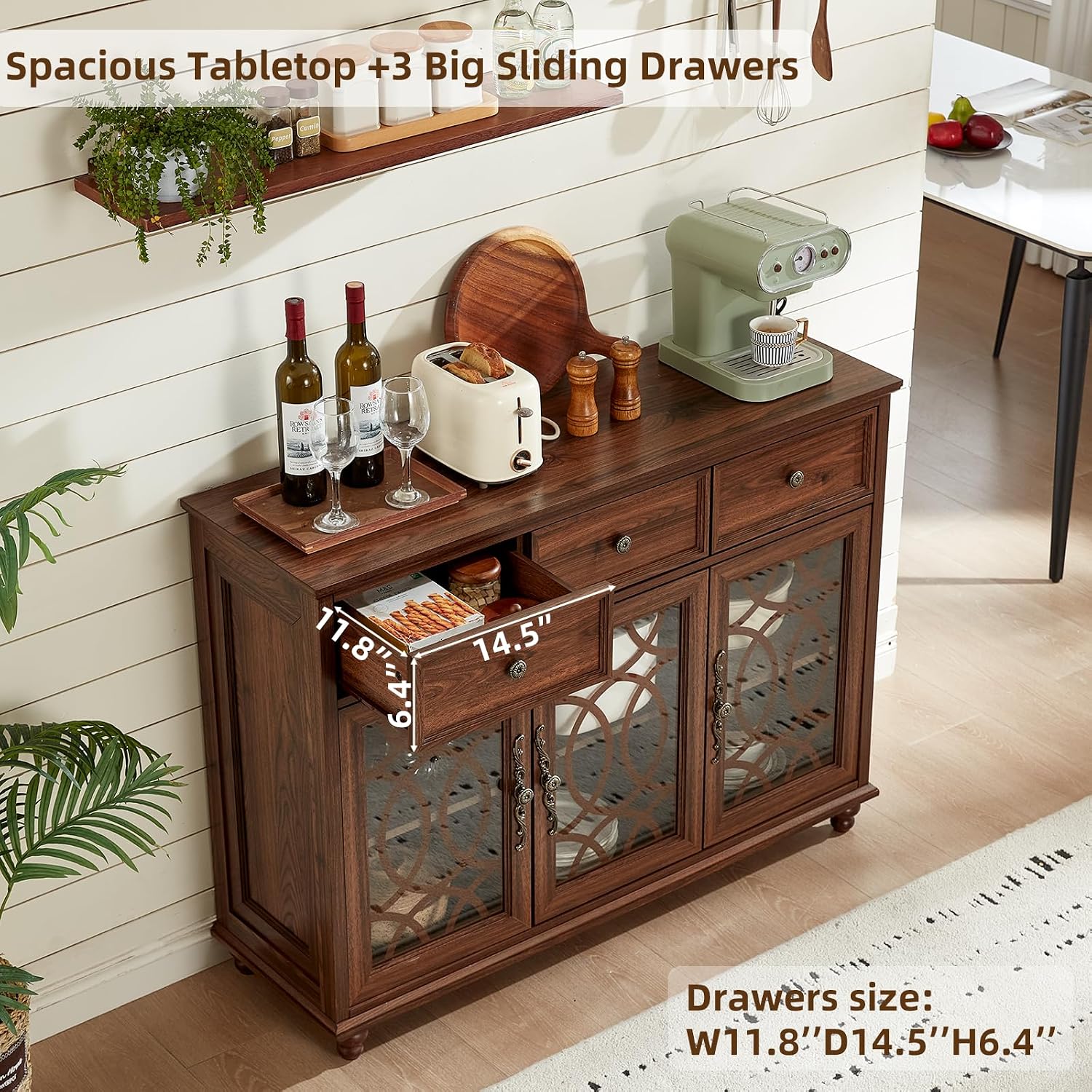 Brown Farmhouse Glass Door Drawer Sideboard Credenza