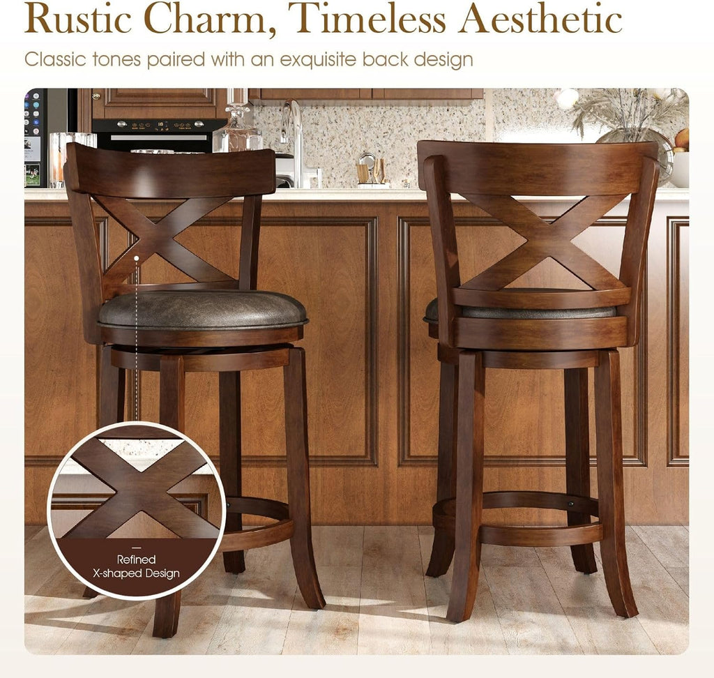 Cross Back Faux Leather Swivel Bar Stools Set of 2