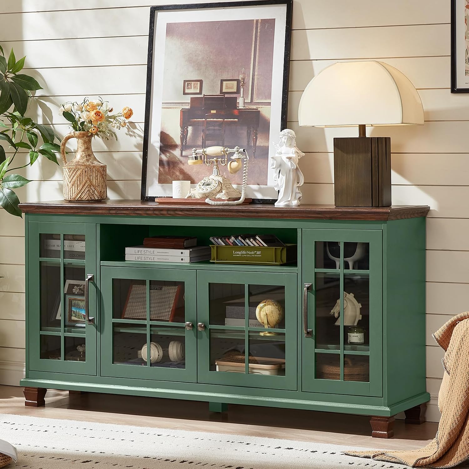 Vintage Green Glass Door Sideboard Buffet Cabinet