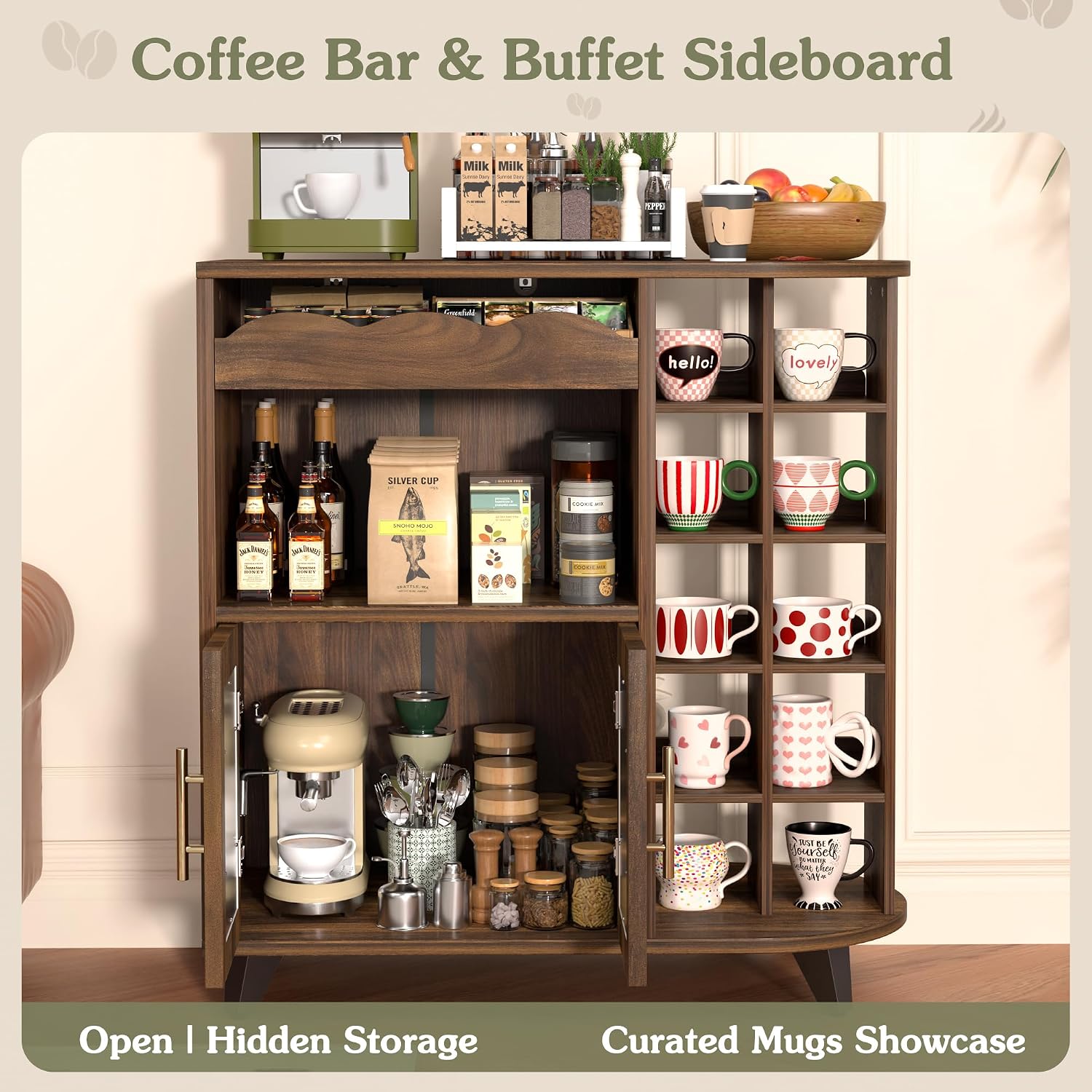 Walnut 24-Cup Storage Coffee Bar Sideboard Cabinet