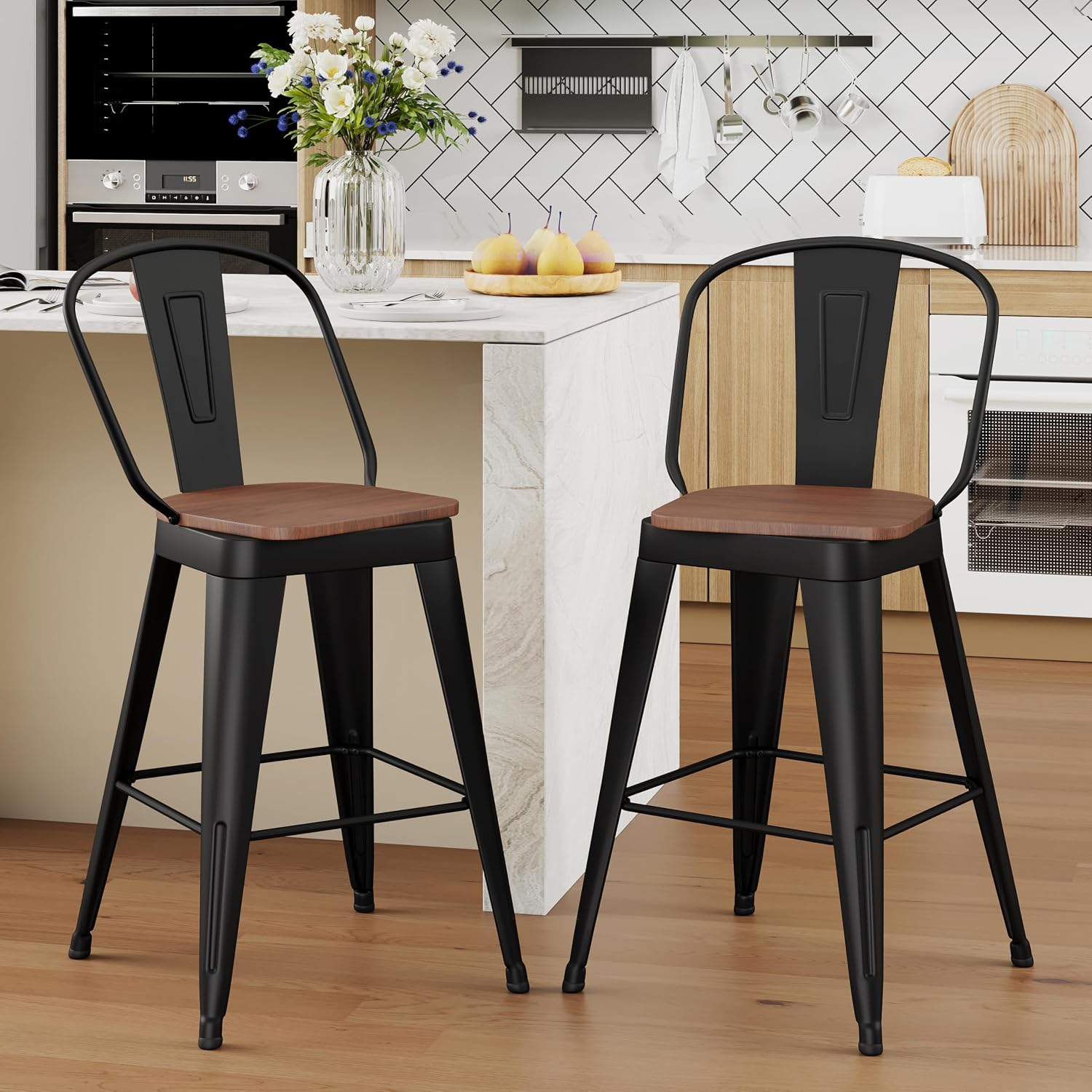Matte Black Metal Wood Bar Stools Set