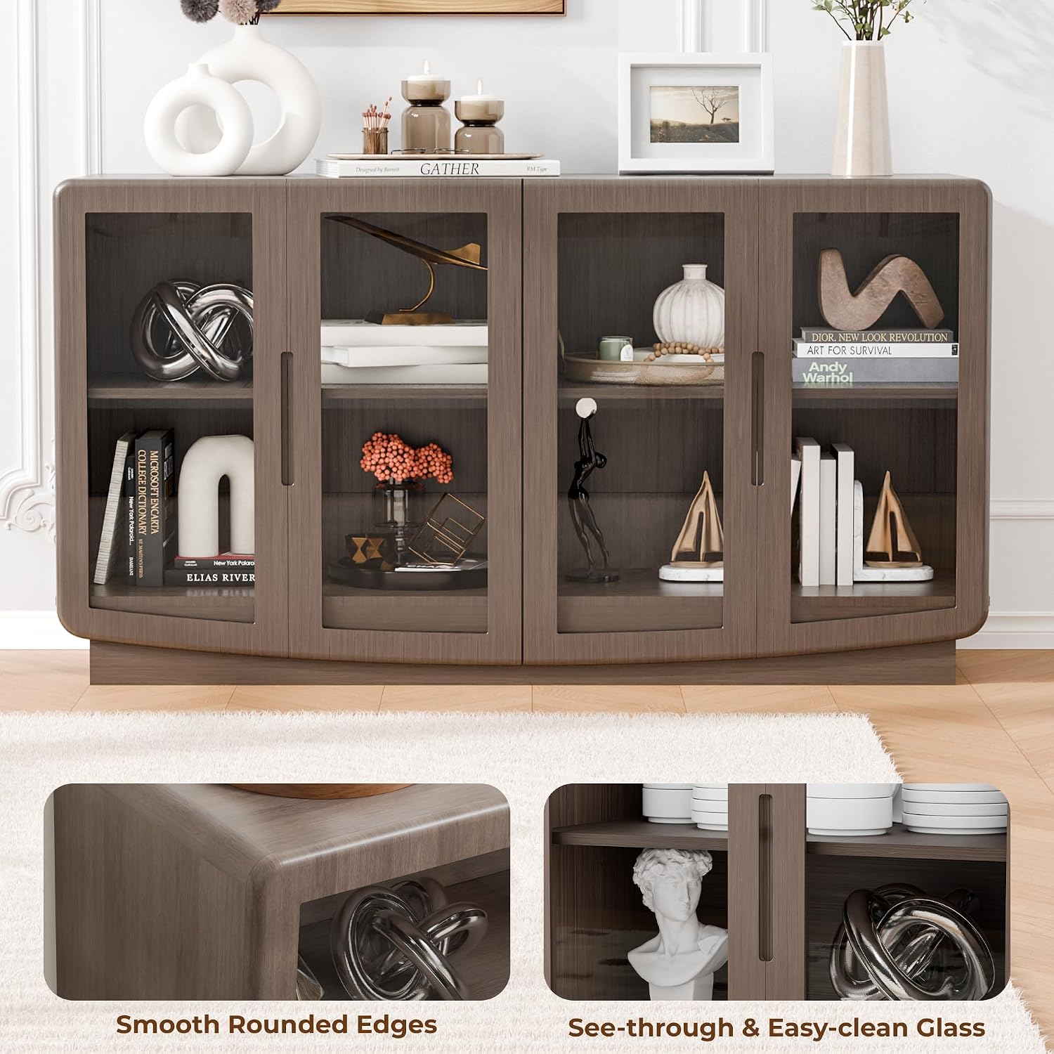 Walnut 4 Glass Door Sideboard Credenza