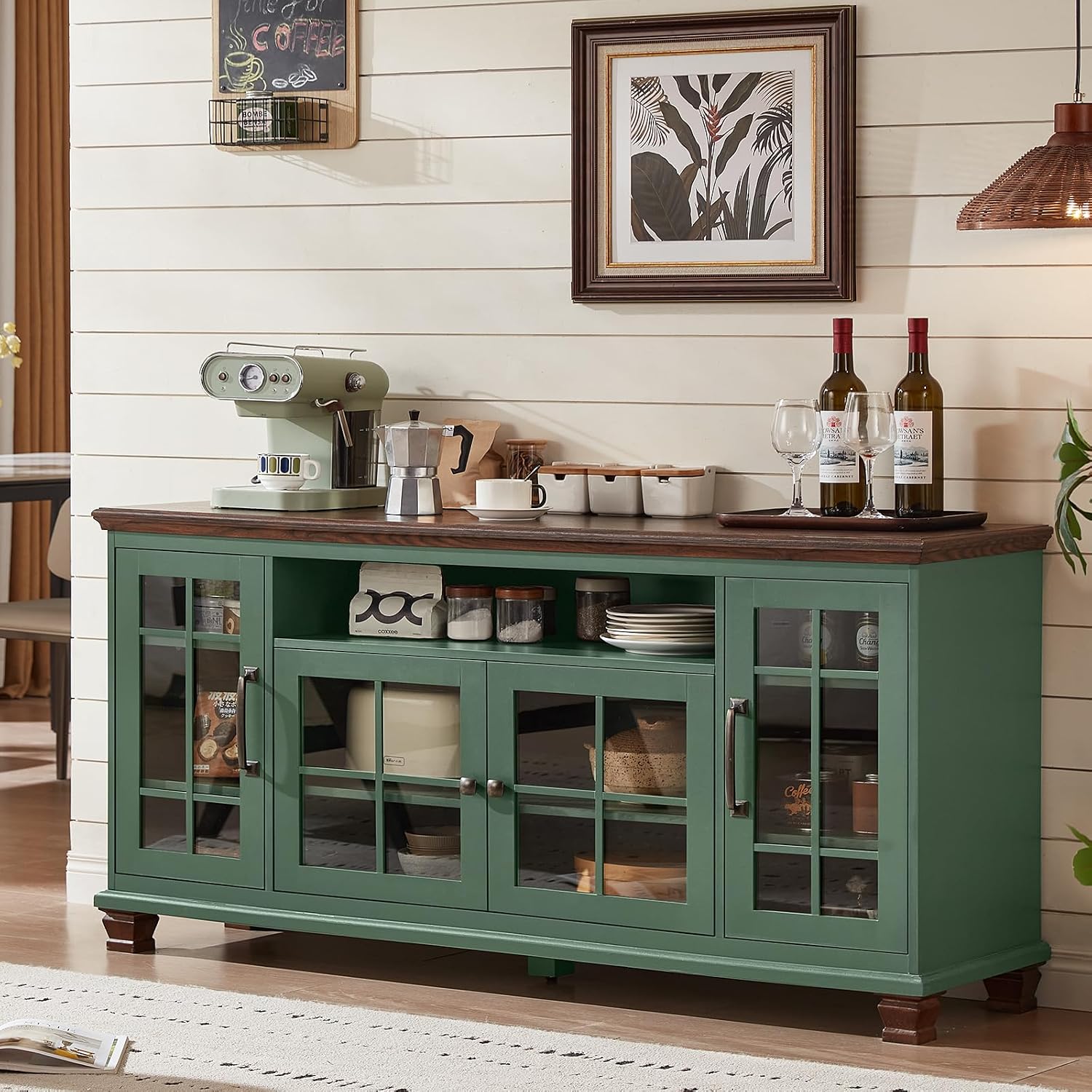 Vintage Green Glass Door Sideboard Buffet Cabinet