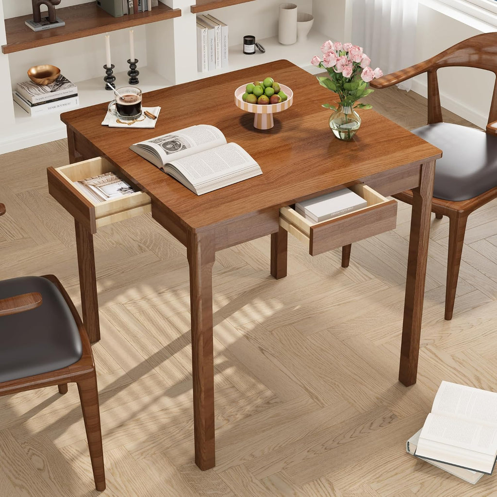 Walnut Square Wood Desk with Drawers
