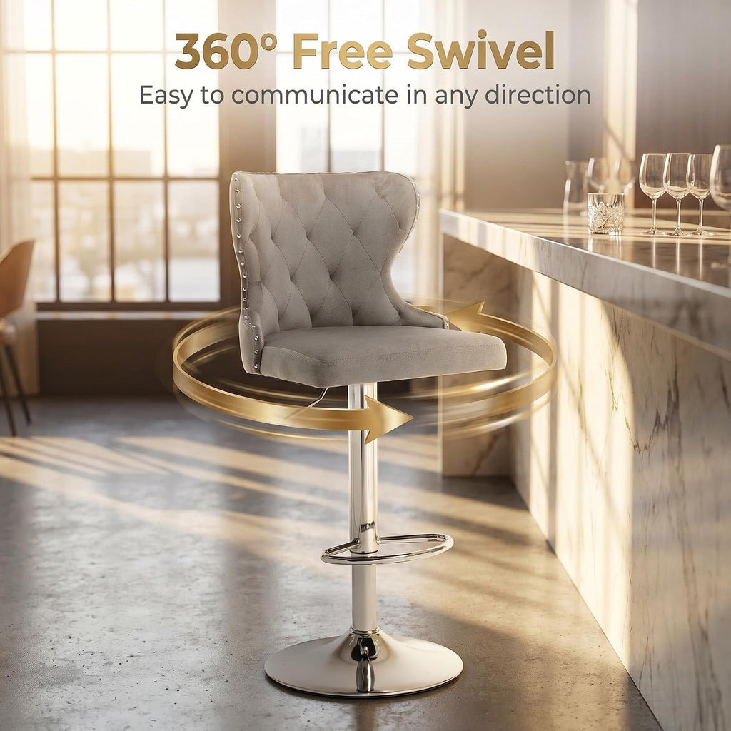 Gray Velvet Nailhead Swivel Bar Stools Set of 2