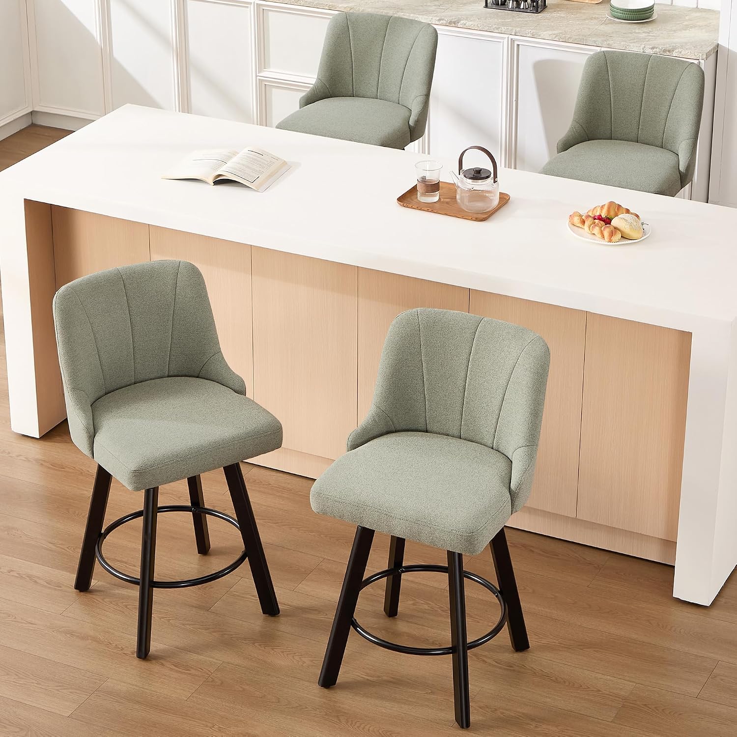 Green Fabric Swivel Counter Stools Set of 4