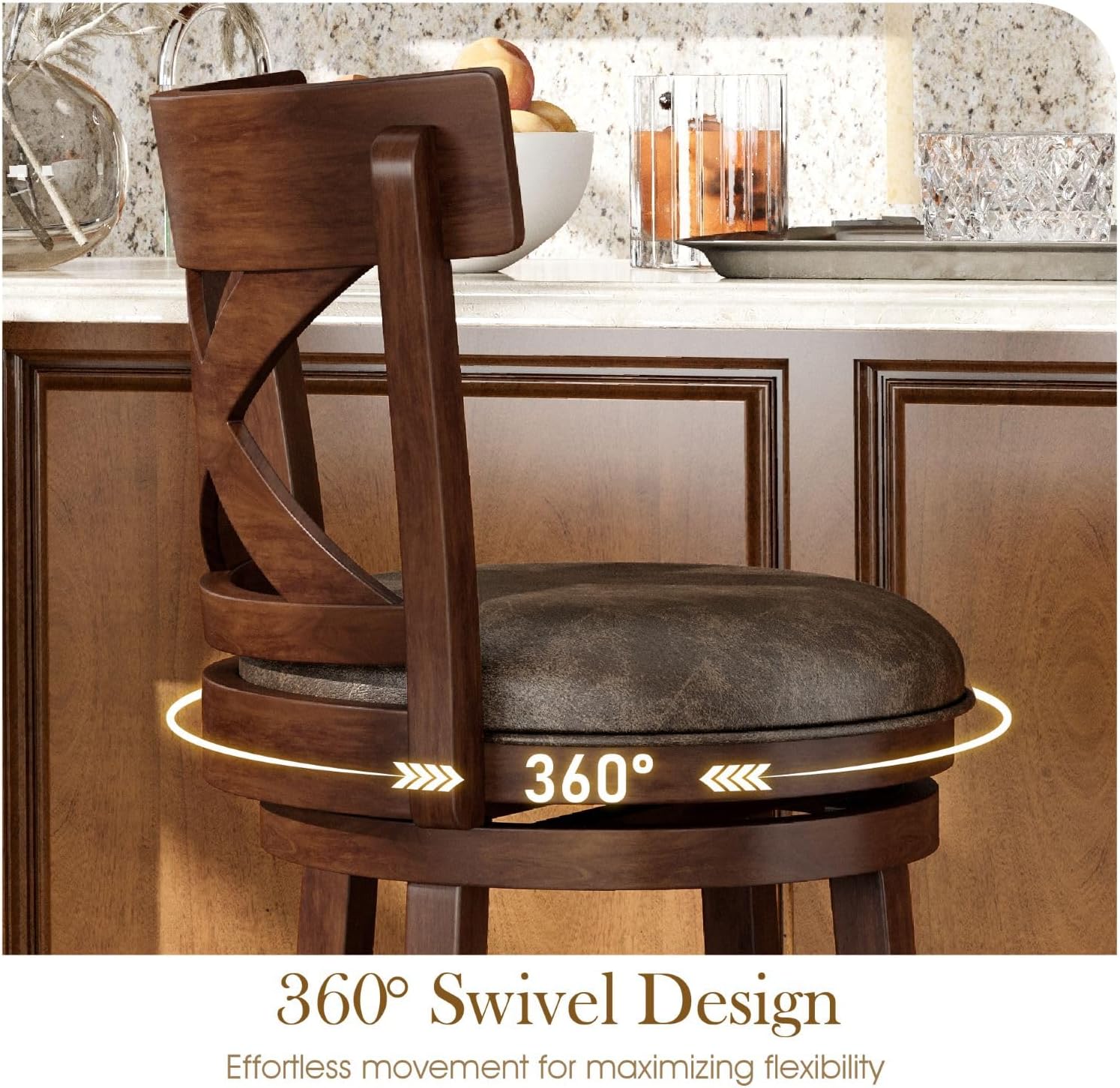 Cross Back Faux Leather Swivel Bar Stools Set of 2
