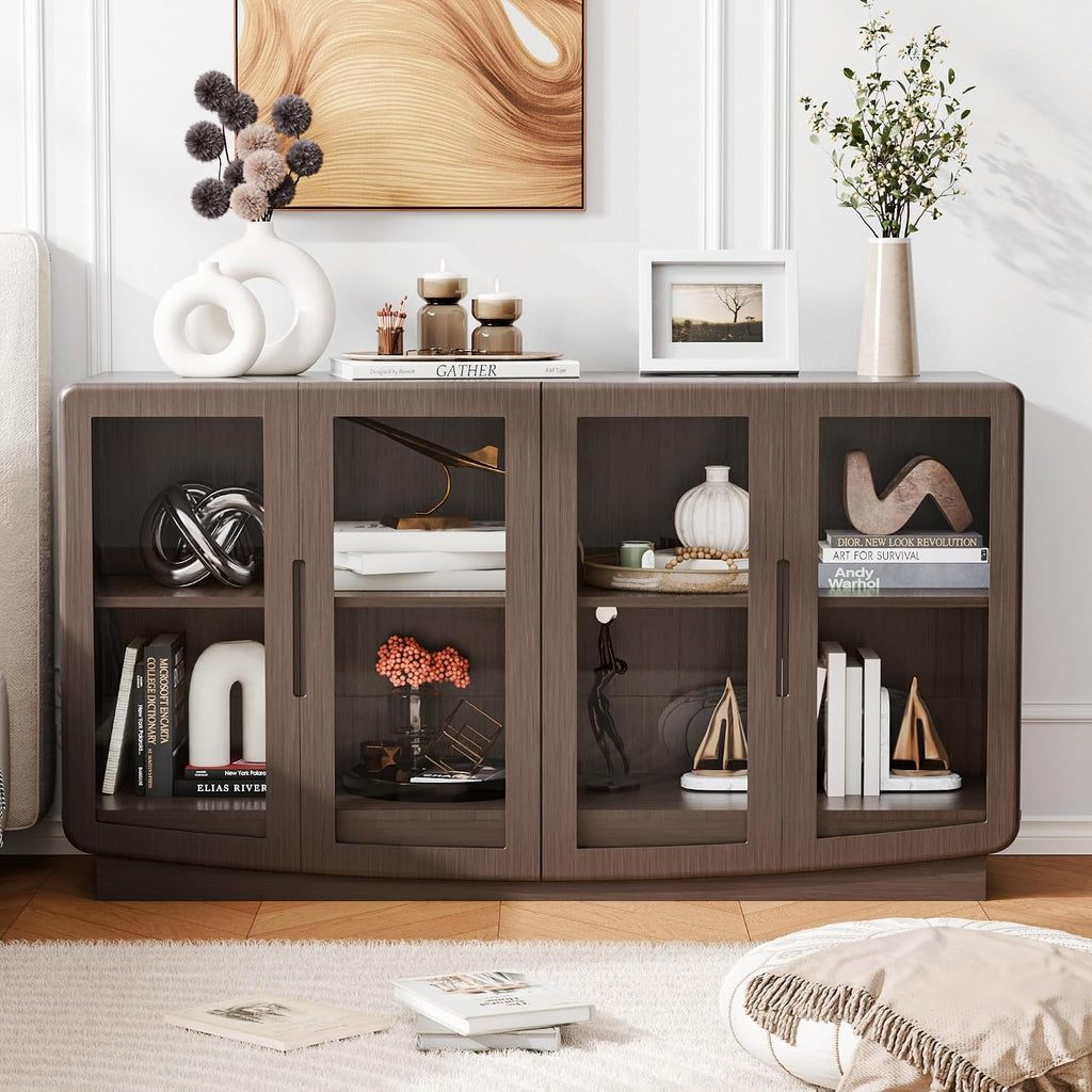 Walnut 4 Glass Door Sideboard Credenza