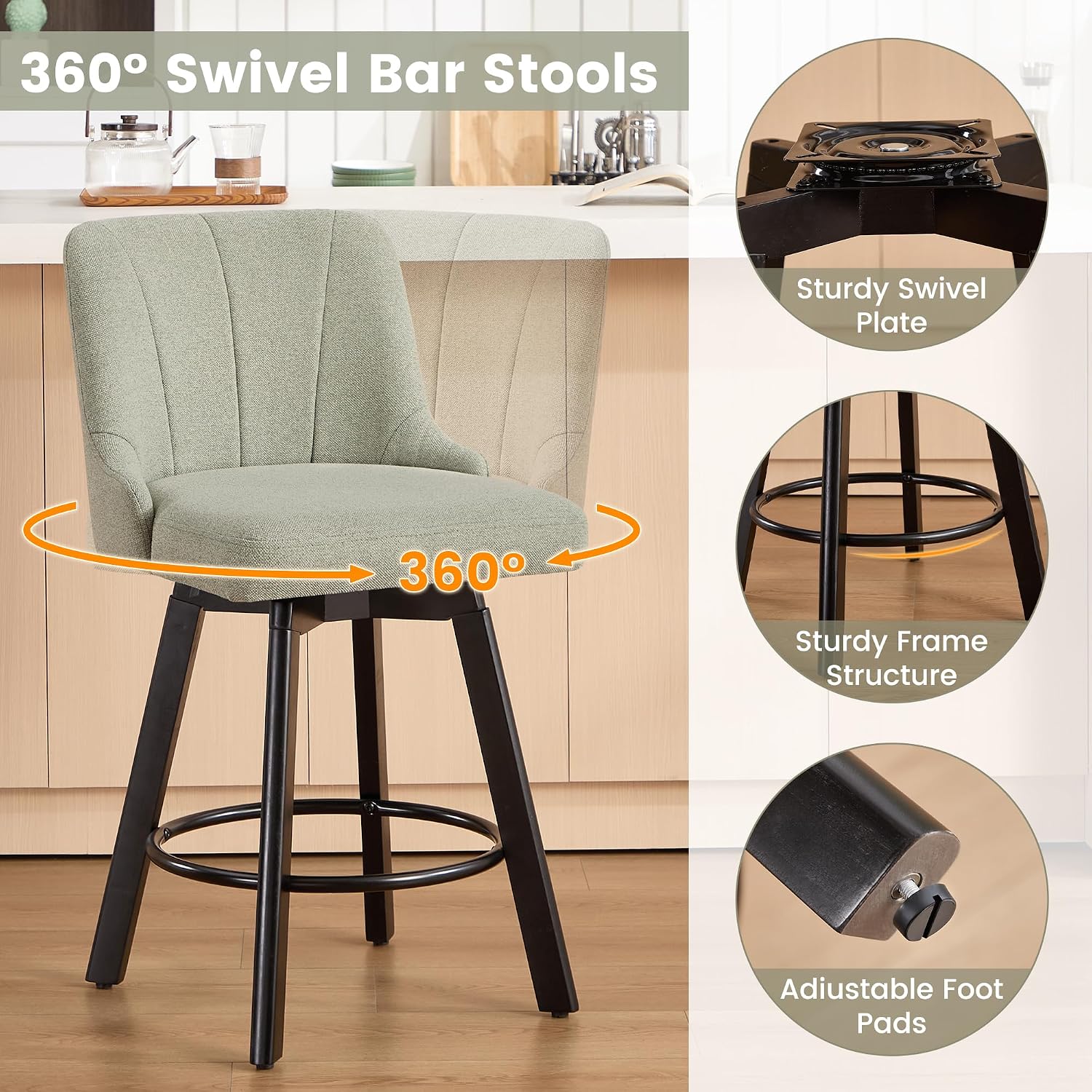 Green Fabric Swivel Counter Stools Set of 4
